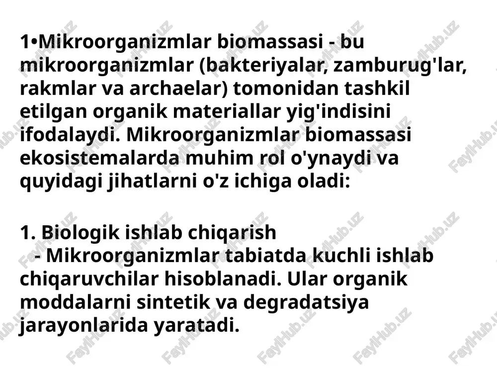 ni chiqaradi, bu energiya mikroorganizmlar tomonidan bioenergetik jarayonlarda foydalaniladi. 5. biomassaning o'sishi - mikroorganizmlar degradatsiya orqali hosil bo'lgan moddalarni oziq sifatida ishlatish orqali o'z biomassasini oshiradi, bu esa biologik tizimlarda o'simliklar va hayvonlar uchun oziq manbai bo'ladi. mikroorganizmlardan etanol olish - bu bioyoqilg'i ishlab chiqarishda muhim jarayon hisoblanadi. ushbu jarayon asosan fermentatsiya orqali amalga oshiriladi. etanol olishda qo'llaniladigan mikroorganizmlar asosan bakteriyalar va zamburuglardir. 1. bakteriyalar - bakteriyalar, masalan, zymomonas mobilis va clostridium tyrobutyricum, etanolni fermentatsiya jarayonida hosil qiladi. ular turli xil organik moddalardan, jumladan, qandlardan etanol tayyorlaydi. 2. zamburug'lar - saccharomyces cerevisiae (pivo zamburugi) eng ko'p ishlatiladigan mikroorganizmlardan biridir. uning yordamida shakarni etanol va co2 ga aylantirish mumkin. jarayonning asosiy bosqichlari quyidagilardan iborat: 1. siyochlar tayyorlash - fermentatsiya uchun zarur bo'lgan organik moddalar (masalan, shakar yoki kraxmal) tayyorlanadi. 2. fermentatsiya - tayyorlangan siyochlar mikroorganizmlar yordamida fermentatsiya jarayoniga o'tadi. bu jarayonda shakar etanol va co2 ga aylantiriladi. 3. distillyatsiya - olingan …