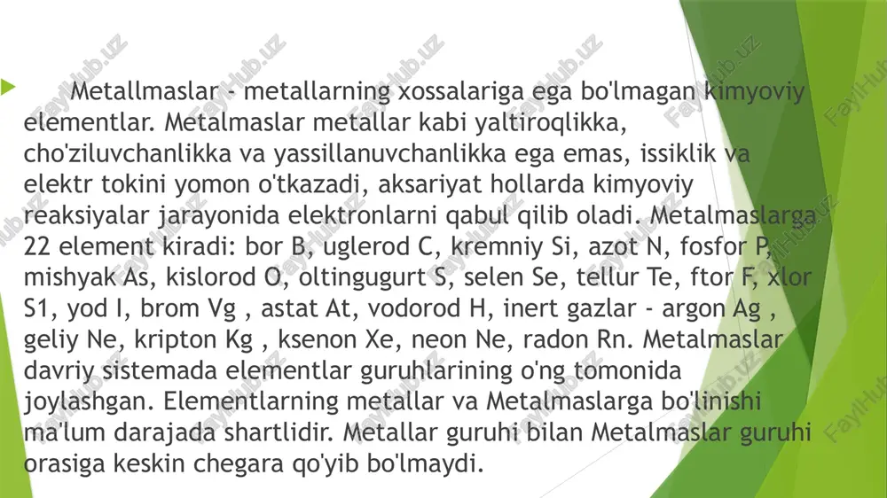b, tolaligida esa - paxtadan, oyna ipidan, asbest va boshqalardan 1borat to'ldiruvchilar bo'ladi. rezina - kauchukka maxsus ishlov berishning (vulkanizatsiyalash) mahsuloti. boshqa materiallardan rezina yuqori elastikligi bilan birinchi navbatda ajralib turadi har qanday rezinaning asosini tabiiy yoki sun'iy kauchuk tashkil qiladi. kauchuk xossasini yaxshilash uchun rezinaga maxsus qo'shimchalar qo'shiladi. vulkanizatsiya qiluvchi modda sifatida oltingugurt yoki selen ishlatiladi. vulkanizatsiya jarayonini tezlatuvchi modda sifatida polisul, qo'rg'oshin yoki magniy oksidi ishlatiladi. rezinani yumshatuvchilar sifatida plastifikatorlar qo'llaniladi. ularga parafin, vazelin, bitum va boshqalar kiradi. kauchuk ta'siriga qarab, to'ldiruvchilar inertli va faol bo'ladi. faol to'ldiruvchilarga uglerod ko'miri, rux oksidi kirib, u rezinani mexanik xossasini yaxshilaydi. bundan tashqari rezinaga regeneratorlar - eski rezina buyum va chiqindilarini qayta ishlab chiqarilgan rnahsuloti, antipirinlar rezinani bardoshiga yonishini kamaytirnvchi moddalar, dezodorantlar - rezinadan yomon hid kelishini oldini oladigan moddalar bo'yoqlar va pigmentlar qo'shiladi. rezinaga qo'shiladigan oltingugurt miqdoriga ko'ra elastikligi o'zgaradi. oltingugurt miqdorini oshishi bilan rezina materiali kichik elastiklikka ega bo'lib, …