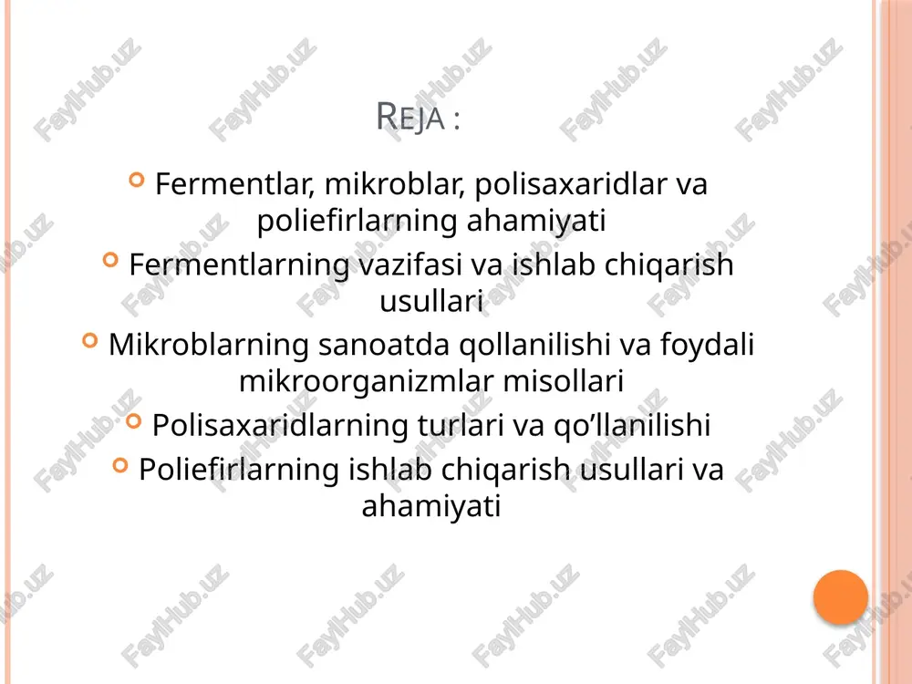 yyorlashda ishlatiladi. 4. bioyoqilg‘i ishlab chiqarish: metanogen bakteriyalar biogaz ishlab chiqarishda qo‘llaniladi. 5. oziq-ovqat mahsulotlari: laktobakteriyalar yogurt, kefir va boshqa sut mahsulotlarini tayyorlashda ishlatiladi. foydali mikroorganizmlarga misollar 1. bakteriyalar: lactobacillus acidophilus – sut mahsulotlarini fermentatsiya qilishda ishlatiladi. rhizobium – o‘simlik ildizlarida azotni bog‘lash jarayonida qatnashadi. 2. zamburug‘lar: penicillium notatum – penitsillin antibiotigini ishlab chiqaradi. aspergillus niger – limon kislotasi sintezida qo‘llaniladi. 3. xamirturushlar: saccharomyces cerevisiae – non yopish va spirtli ichimliklar ishlab chiqarishda ishlatiladi. 4. metanogen bakteriyalar: methanobacterium – biogaz ishlab chiqarish uchun ishlatiladi. mikroblar sanoatda tabiiy jarayonlarni tezlashtirish va samaradorlikni oshirish uchun muhim ahamiyatga ega. polisaxaridlar polisaxaridlarning sanoatda qo‘llanilishi 1. oziq-ovqat sanoati: qalinlashtiruvchi va stabilizator sifatida ishlatiladi (masalan, kraxmal). jel hosil qiluvchi xususiyatga ega (masalan, agar-agar va pektin). 2. farmatsevtika: dori qoplamalari uchun kapsula material sifatida ishlatiladi (masalan, gialuron kislotasi). antikoagulyantlar (masalan, geparin) ishlab chiqarishda qo‘llaniladi. 3. to‘qimachilik va qog‘oz sanoati: sellyuloza asosidagi mahsulotlar (masalan, qog‘oz va matolar) ishlab …