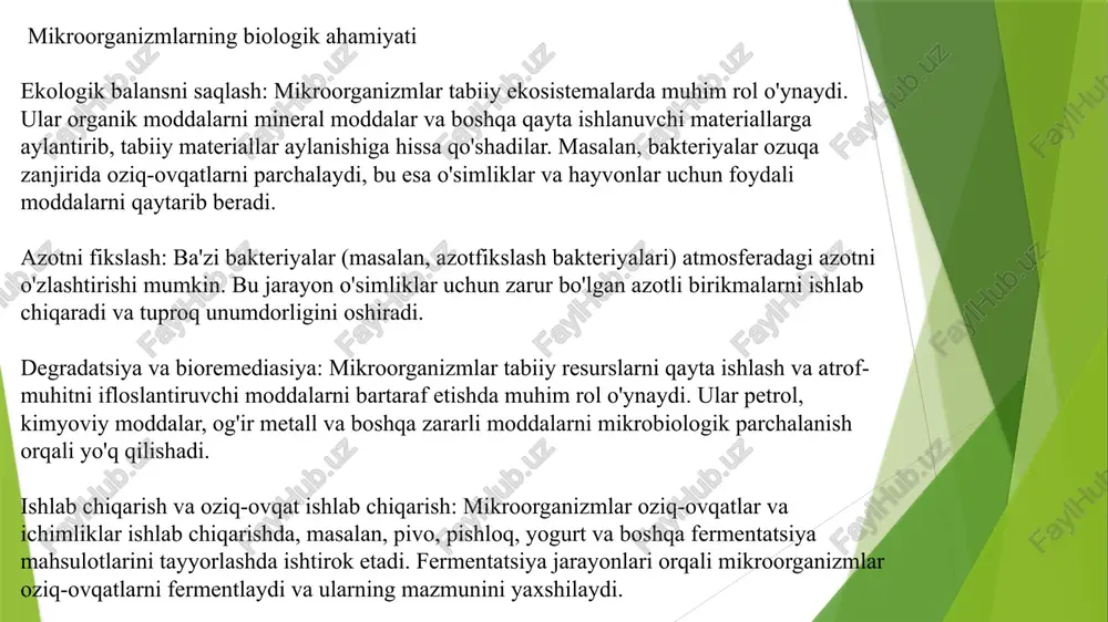 vuvchi): 45°c va undan yuqori. mikroorganizmlar o'sishi va ko'payishi haroratga bog'liq bo'lib, haroratning o'zgarishi ularning faoliyatini va ko'payish tezligini sezilarli darajada ta'sir qiladi. 2. ph darajasi mikroorganizmlar o'zining faoliyatini faqat ma'lum ph diapazonida amalga oshiradi. ph darajasi mikroorganizmlarning o'sishi va metabolizmi uchun juda muhimdir. acidofill mikroorganizmlar ph 2-5 oralig'ida o'sadi. neutrofillar ph 6-8 oralig'ida o'sadi. alkalifilllar ph 9-11 oralig'ida faoliyat ko'rsatadi. 3. oziq moddalar va substratlar mikroorganizmlar o'sishi va ko'payishi uchun turli oziq moddalar va energiya manbalariga ehtiyoj sezadi. oziq moddalar va substratlar mikroorganizmlar turiga qarab farqlanadi, lekin umuman olganda, ular quyidagi moddalarni talab qiladi: . uglevodlar (glukoza, maltodekstrinlar va boshqalar). azot manbalari (ammoniy tuzlari, peptonlar va aminokislotalar). vitaminlar va minerallar. boshqa organik va noorganik moddalar. 4. havo miqdori mikroorganizmlar aerobi va anaerobi bo'lib, ularning havo (kislorod)ga bo'lgan ehtiyoji farqlanadi: aerobik mikroorganizmlar kislorodga ehtiyoj sezadi va faqat kislorod mavjud bo'lganda o'sadi. anaerobik mikroorganizmlar kisloroddan xoli sharoitda ko'payadi. fakultativ anaeroblar kislorodsiz …