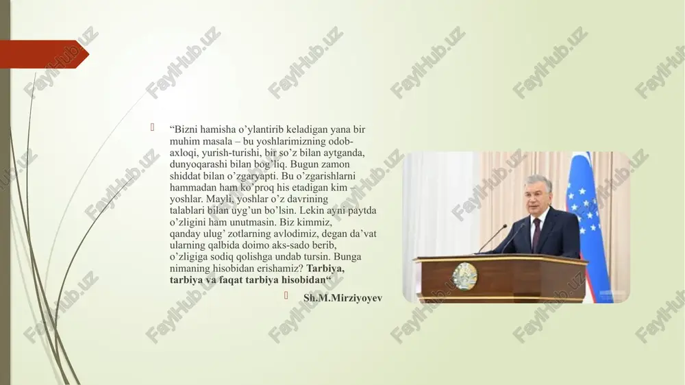 oniy qadriyatlar bilan umumlashtirib, jamiyat va tabiat resurslaridan inson foydasiga to’g’ri foydalanishga moslashish; 2. - millatlararo totuvlik, targ’ibotga erishish 3. - salbiy harakatlar haqida ehtiyot bo’lish, aqliy va jismoniy go’zallikni birlashtirish; 4. - yosh avlodni o`zbek milliy ta`limining asosiy ma`nolari, bilimlari, dunyo bilimlari g`oyalari va usullari bilan tanishtirish; 5. - yosh avlodda til, tarix, din, milliy anoana, milliy madaniyat, urf-odatlar, o’z-o’zini bilish, mag’rurlik, harakter, dunyoqarash tuyg`ularini shakllantirish; 6. -ijtimoiy-psixologik, iqtisodiy va huquqiy jihatdan zarur bo’lgan ko’nikmalarni o’rganish, o`zbek milliy qadriyatlari asosida mantiqiy fikrlashni rivojlantirish, to’g’ri va malakali suhbatlashish, jamiyatda o’zini tutish qobiliyati, raqobatbardosh kompetentsiyani shakllantirish; milliy tarbiyani davrlashtirish milliy tarbiyani davrlashtirishga doir xilma-xil yondashuvlar mavjud. so‘nggi yillarda o‘zbekistonda milliy tarbiyani o‘rganishga doir eng keng tarqalgan davrlashtirish o‘zida quyidagi bosqichlarni aks ettiradi: 1)milliy tarbiyani eng qadimgi davrlardan-viii asrgacha bo‘lgan davr 2)ix-asrdan xvi asrgasha sharq uyg’onish davrlarida tarbiya masalasi. 3)xvi-asrdan xviii asrgacha turkiston o‘lkasida ma’rifat-tarbiya masalalarini o‘rganilishi. 4)xix asrdan o‘zbekiston respublikasi mustaqillikka …