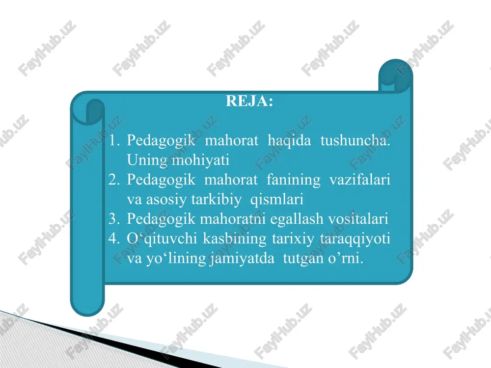 todlar aso¬sida modellashtirish, o‘quv - tarbiyaviy jarayonda ilg‘or pedagogik texnologiyalarni tatbiq etish uchun o‘qituvchi mahoratining zarurligi haqi-dagi ma’lumotlar va ularni takomillashtirish tizimlari o‘rin olgan. mazkur fanning mazmunidan kasbga doir topshiriq va vazifalarni echish uchun o‘quv - tarbiya jarayonini boshqarish, unga rahbarlik qilishda pedagogik-psixologik ta’limot nuqtai - nazaridan yondashish, ta’lim - tarbiyani milliy an’analarimiz ruhida zamonaviy metodlar aso¬sida modellashtirish, o‘quv - tarbiyaviy jarayonda ilg‘or pedagogik texnologiyalarni tatbiq etish uchun o‘qituvchi mahoratining zarurligi haqi-dagi ma’lumotlar va ularni takomillashtirish tizimlari o‘rin olgan. pedagogik mahorat fanining vazifalari va asosiy tarkibiy qismlari mamlakatimizning istiqlol yoiidagi ilk qadamlaridanoq, buyuk ma’naviyatimizni tiklash va yanada yuksaltirish, milliy ta’lim-tarbiya tizi¬mini takomillashtirish, uning milliy zaminini mustahkamlash , zamon talablari bilan uyg‘unlashtirish asosida jahon andozalari va ko‘nikmalari darajasiga chiqarish maqsadida ta’lim tizimida ulkan bunyodkorlik ish-lari olib borilmoqda. yangi tahrirdagi "ta’lim to‘g‘risida"gi qonunda o‘zbekiston respublikasi ijtimoiy taraqqiyotida ustuvor soha deb e’lon qilingan hamda ta’lim sohasidagi davlat siyosa-tining quyidagi asosiy prinsiplari belgilab berilgan: …