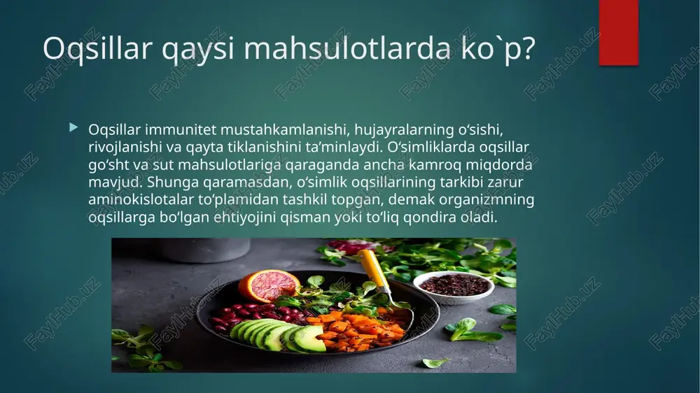 ʼm va hidga ega boʻladilar. buning sababi shundaki, yogʻ parchalanadi va yogʻ kislotasi oʻz kimyoviy tarkibini oʻzgartiradi. mana, endi yogʻ bilan sovun bir-biriga bogʻliqligini bilib oldik! uglevodlar haqida. uglevodlar (shakarlar, glitsidlar, carbohydrate) — oqsillar va yogʻlar bilan bir qatorda odam, jonivorlar va oʻsimliklar organizmi hayot faoliyati uchun zarur boʻlgan keng tarqalgan organik birikmalar guruhi. organizmda moddalar almashinuvi natijasida hosil boʻladigan energiya manbalaridan biri. uglevodlar haqida. uyga vazifa moddalar almashinuvi nima? oqsil, yog`, uglevod qaysi mahsulotlarda ko`p miqdorda uchraydi? dukkakliklar haqida yozing. image6.png image7.png image8.png image9.png image10.png image11.png image12.png image13.png image14.png image15.png image16.png image17.png image18.png image19.png image2.png image3.png image4.png image5.png /docprops/thumbnail.jpeg