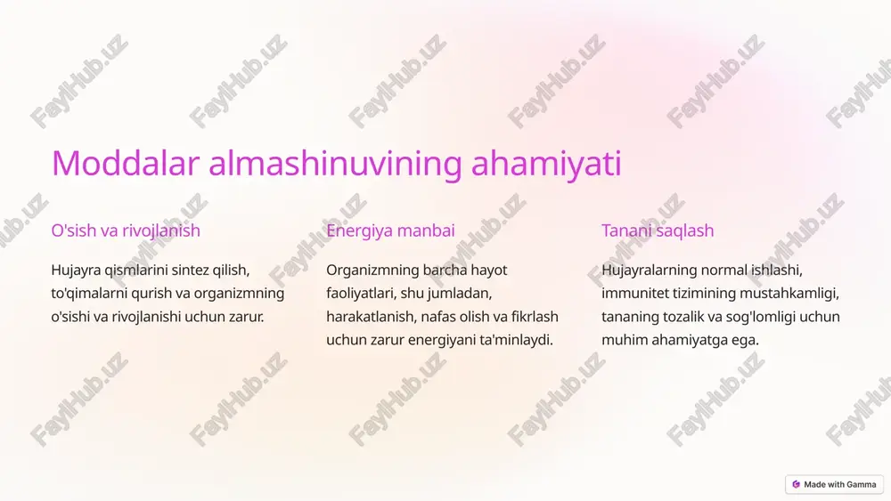 ning hayot faoliyatini ta'minlovchi muhim jarayondir. sog'lom turmush tarzini yuritgan holda, to'g'ri ovqatlanib, muntazam jismoniy mashqlar bilan shug'ullanib, stressni boshqarish orqali moddalar almashinuvini yaxshilash va sog'lig'imizni saqlash mumkin. 10 image-1002-1.png image-1002-2.png image-1-1.png image-1-2.png image-1003-1.png image-1003-2.png image-2-1.png image-1004-1.png image-1004-2.png image-1005-1.png image-1005-2.png image-4-1.png image-4-2.png image-4-3.png image-4-4.png image-4-5.png image-1006-1.png image-1006-2.png image-5-1.png image-1007-1.png image-1007-2.png image-6-1.png image-1008-1.png image-1008-2.png image-7-1.png image-1009-1.png image-1009-2.png image-8-1.png image-8-2.png image-8-3.png image-8-4.png image-8-5.png image-1010-1.png image-1010-2.png image-9-1.png image-1011-1.png image-1011-2.png image-10-1.png