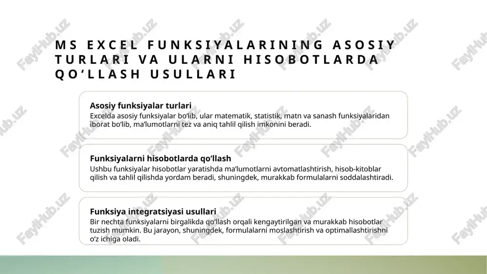 tayyorlash imkoniyati yaratiladi. murakkab ma'lumotlar tahlilida formulalar va funksiyalarni samarali qo‘llash strategiyalari. 1 murakkab formulalarning qo‘llanilishi murakkab ma'lumotlar tahlilida, bir nechta funksiyalarni birgalikda qo‘llash orqali aniq va chuqur tahlil qilish imkoniyatlari kengayadi, misol uchun, index va match funksiyalarining birikmasi. 2 dinamik va shartli funksiyalar shartli funksiyalar, masalan, if va sumif, yordamida real vaqtda ma'lumotlarga asoslangan qarorlar qabul qilish va hisobotlarni avtomatlashtirish mumkin. 3 optimizatsiya va xatoliklarni kamaytirish murakkab formulalar va funksiyalarni to‘g‘ri joylashtirish va optimallashtirish orqali xatoliklar kamayib, hisobotlar yanada ishonchli va aniqlik bilan taqdim etiladi. excel funksiyalaridan foydalanib ma'lumotlarni vizuallashtirish imkoniyatlari diagramma va grafiklar excelda diagramma va grafiklar yordamida ma'lumotlarni vizuallashtirish, murakkab tendentsiyalarni aniqlash va hisobotlarni intuitiv tarzda taqdim etishni imkonini beradi. ranglar va formatlash ranglar va formatlash funksiyalari orqali ma'lumotlarni ajratib ko‘rsatish, muhim nuqtalarni ta’kidlash va vizual jihatdan jozibador hisobotlar yaratish mumkin. dinamik vizualizatsiya pivot jadval va interaktiv grafiklar yordamida ma'lumotlarni real vaqtda tahlil qilish, o'zgarishlarni kuzatish va …