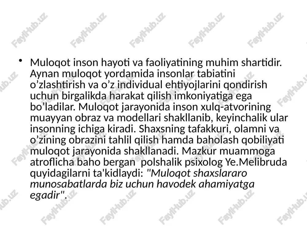 m bo’lsam-da, negadir bu yerda tomning bosib qolishidan xavfsiray boshladim. ovqatlanishimda muntazamlik yo’qoldi, yuvinmay qo’ydim". 2-misol. tarixda yaponlarda "moritao" nomli insonning o’zini-o’zi takomillashtirish tizimi mavjud bo’lgan. vaholanki, inson hech qanday jismoniy azoblarga duchor bo’lmaydi. faqatgina bir haftaga g’orga kirib ketib, u yerda tanho qoladi. bu yerda u hatto o’zi bilan gaplashishi mumkin bo’lmagan. sinovdan o’tganlar keyinchalik har qanday uchrashuv va suhbatni xursandchilik bilan qarshi oladilar. qizig’i shundaki, ularda ko’proq gapirish ehtiyoji emas, balki tinglash ehtiyoji kuchayar ekan. 3-misol. bir paytlarda amerikada barcha tamaddixonalarni avtomatlashtirish avj olgan edi. ammo ko’p o’tmay ularning egalari kasodga uchray boshladi. ma'lum bo’lishicha, bu yerga odamlar nafaqat tammadi qilish, balki suhbatdosh topish uchun ham kelganlar. bundan ko’rinadiki, insonlar doimo muloqotga ehtiyoj sezadilar va uni qondirishga harakat qiladilar. muloqot jarayonida muloqot funksiyalari ham muhim rol o’ynaydi. muloqot funksiyalari deganda muloqotning inson hayotida bajaradigan funksiyalari tushuniladi. muloqot funksiyalari xilma-xil bo’lib, eng keng tarqalgan tasnifga ko’ra, ya'ni b.f.lomov tomonidan …