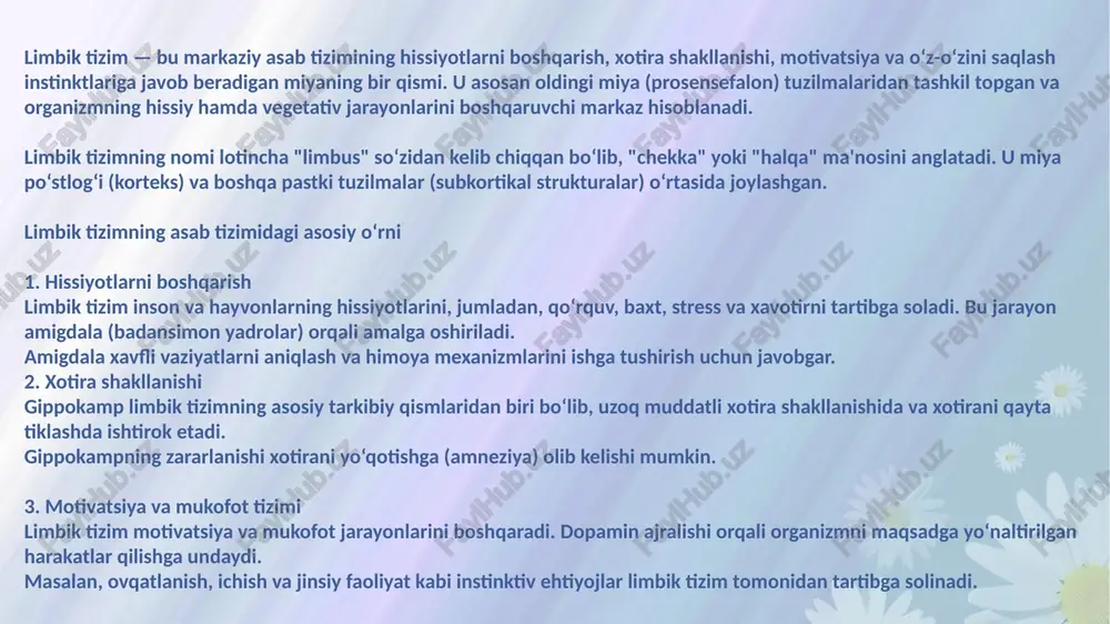 i: e’tiborni boshqarish, hissiy holatlar va qaror qabul qilish jarayonlarida ishtirok etadi. og‘riq va hissiy stimullarga javobni tartibga soladi. ahamiyati: kognitiv jarayonlar va hissiy regulyatsiyadagi roli katta. 4. gipotalamus (hypothalamus) vazifasi: vegetativ tizimni boshqaradi (yurak urishi, qon bosimi, tana harorati, gormonal balans). gomeostazni ta'minlaydi va organizmning asosiy ehtiyojlarini muvofiqlashtiradi (masalan, ochlik, chanqoqlik). ahamiyati: stress va motivatsiya jarayonlarini boshqaradi. gormonal javoblarni tartibga soladi (masalan, kortizol chiqarilishi). 5. talamus (thalamus) vazifasi: sensor ma’lumotlarni miya po‘stlog‘iga uzatadi va qayta ishlashga tayyorlaydi. ahamiyati: sensor stimullarni limbik tizimga yo‘naltiradi va ularning hissiy javobini shakllantirishga yordam beradi. 6. orbital korteks (orbital cortex) vazifasi: xulq-atvorni va hissiyotlarni tartibga soladi. ijtimoiy vaziyatlarda to‘g‘ri javobni tanlashni ta'minlaydi. ahamiyati: o‘rganilgan tajribalar asosida qaror qabul qilishda ishtirok etadi. 7. fornix vazifasi: gippokampni limbik tizimning boshqa tuzilmalari bilan bog‘laydi. axborotni limbik tizimning bir qismidan boshqasiga uzatadi. ahamiyati: limbik tizimning komponentlari o‘rtasida muvofiqlashtirilgan ishni ta'minlaydi. 8. mamillar tanachalar (mammillary bodies) vazifasi: xotira va …
