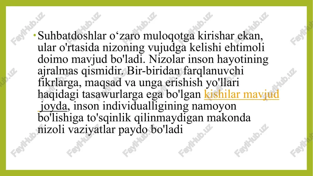 an saqlanish; • buyruq ohangidan voz kechish; • «hech qachon» va «har doim» so'zlaridan ehtiyotkorlik bilan foydalanish; • ijobiy emotsiyalami saqlab turish, ko'proq tabassum qilish. nizo ro'y bergach, uni bartaraf etish uchun quyidagilarga amal qilish tavsiya etiladi: 1. vazminlikni saqlab qolish (emotsional holatni imkon qadar boshqarish). 2. nizoning asosiy sababini aniqlashga intilish (aniqlashtiruvchi savollar berish). 3. shaxsiy sohadagi to'qnashuvga yo'l qo'ymaslik (suhbatdoshning shaxsiy xususiyatlaridan ranjishni, ulami yoqtirmaslikni ko'rsatmaslik, shaxsiy ustunlikni ko'rsatishdan saqlanish). 4. har bir so'z va iboradan ehtiyotkorlik bilan foydalanish (jumladan, «siz adashdingiz», «siz xato qilyapsiz», «es-xushingiz joyidami?» kabi negativ iboralarni ishlatishdan saqlanish). 5. kompromiss (kelishuvchanlik) uchun ochiq bo'lish (o'zaro manfaatli kelishuvga tayyor turish). 6. suhbatdoshning har bir gapini diqqat bilan tinglash va tahlil qilish (uning hissiyotlarini tushunishga harakat qilish, shaxsiy pozitsiyaning suhbatdosh pozitsiyasidan nimasi bilan farqlanishini aniqlash). nizo bartaraf etilmay munosabatlar butunlay tugallansa, buni faqat pozitsiya (nuqtayi nazar)larning bir-biriga to‘g‘ri kelmasligi tufayli ro'y bergan hodisa, deb hisoblash lozim. …