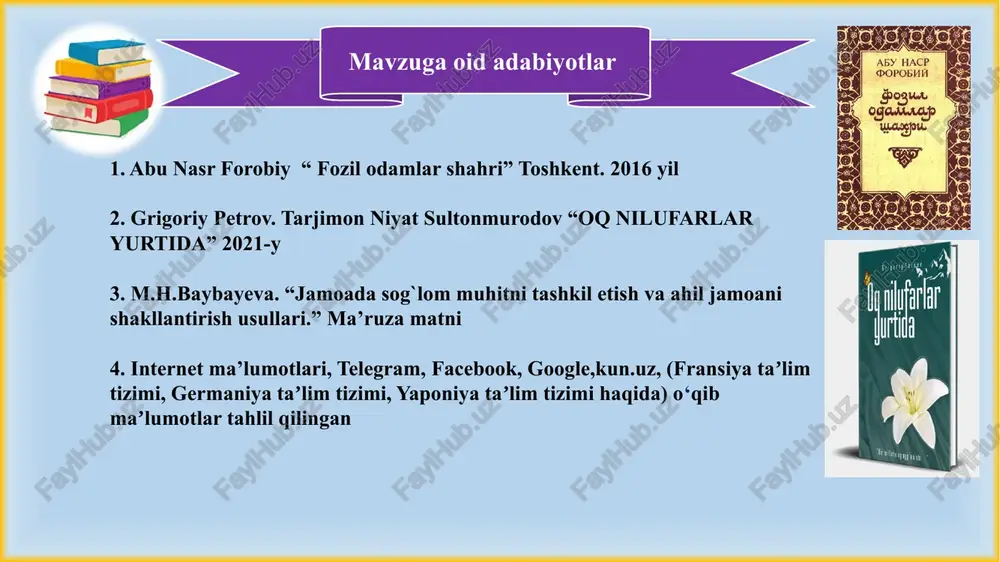 ar yoki tashvishlar bilan ularga murojaat qilishlari mumkin.. zamonaviy rahbar demotivatsiyaga ega bo‘lgan xodimlarga, avvalo, o‘zi namuna bo‘lgan holda ijobiy munosabatda bo‘lishi va motivtsiya berib xodimni qo‘llab-quvvatlab jamoaning bir bo‘lagi ekanligini bildirgan holda kasbiy rivojlanishiga amaliy yordam berishi kerak. 2 avtoritar boshqaruvning ustuvorligi va jamoa a’zolariga nisbatan ularning ishini tan olmaslik, jamoa a’zolarini ma’naviy-psixologik qo‘llab quvvatlamaslik fransiya maktablarida sog‘lom muhit yaratish uchun jamoa a’zolari o‘rtasida turli “piknik”lar, ko‘ngilochar tadbirlar o‘tkazish va sanalarni birgalikda nishonlash yo‘lga qo‘yilgan bo‘lib, bu tadbirlarda ota-onalar ham ishtirok etadi boshqaruv uslubida demokratik va partisipativlik uslublaridan foydalanish, ijtimoiy sog‘lom muhitning yaratilishida bosh omil sifatida qaralishi kerak. mavzu yuzasidan xulosa maktabda boshqaruv uslubidagi kamchiliklarini tuzatish va partisipativ boshqaruv uslubini joriy etish bo‘yicha treninglar tashkil etish orqali ta’lim tizmidagi boshqaruv uslubini yaxshi va samarali tomonga o‘zgartirish, jamoada sog‘lom muhit uchun zamin yaratish bugungi kunning bosh maqsadi bo‘lishi kerak. rahbar qarorlar qabul qilishda, qaror ijrosiga e’tibor bilan yondashishi lozim. vazifalar …