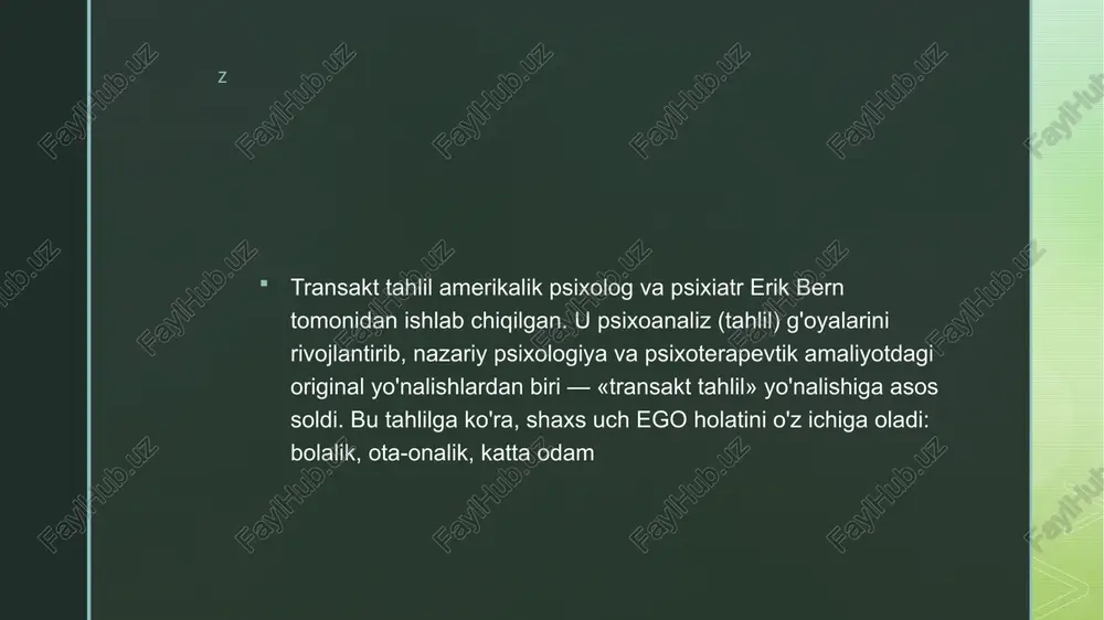 q bo'ladi. transakt tahlilga ko'ra, muloqot davomida ishtirokchilar har bir ego holatga muvofiq keluvchi nuqtyai nazarda turib kontaktga kirishadilar. ayrim transaksiyalar ijobiy munosabat shakllanishiga, ba’zilari nizoga olib keladi. t z transaksiyalar quyidagi turlarga b o 'lin a d i: -parallel transaksiyalar — stimul transaksiya va javob transaksiya kesishmaydi (masalan, «katta odam» holatida turib «bolalik» holatiga murojaat qilish, «bolalik» holatida turib «kattalik»ka javob qaytarish) -kesishuvchi transaksiya — stimul transaksiya va javob transaksiya kesishadi (masalan, «katta odam» holatining «katta odam» holatiga murojaat qilishi, «ota-onalik»ning «bolalik»ka javob qaytarishi) - yashirin transaksiya — bevosita kuzatilayotgan xulq-atvor bilan bog'liq bo'lmagan transaksiyadir. sirti «yaltiroq» bo'lgan jismoniy belgilar, so'zlar ostiga juda salbiy mazmun yashiringanda shunday transaksiya ro'y beradi. ushbu transaksiyalar ikkidan ortiq ego holat munosabatga kirishishi natijasida ro'y beradi. z muloqot pozitiv (ijobiy) tugallanishi uchun transaksiyalar parallel bo'lishi kerak. kesishuvchi transaksiya nizo va ziddiyatga olib keladi. parallel transaksiyaga misol: «oyijon, bu mening qo'limdan kelmaydi», «sen endi katta …