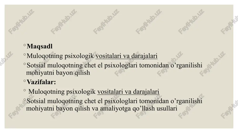 ning biroz surilganligiga yuz ifodasi yoki so'z bilan tashakkur bildirdi (tomonlar axborot almashdi). a o'qib kelayotgan kitobiga e’tiborini qaratdi. v o'z xayollariga berildi (aloqa tugatildi). biror sabab tufayli aloqani tugatishga hali erta bo'lsa, individ ikkinchi bosqichga qaytadi, undan uchinchi bosqichga o'tadi. aloqa tugatilmaguncha bu jarayon davom etaveradi. aloqa bosqichlarining mazmunini muloqot darajalari belgilab beradi. muloqot darajasi suhbatdoshga bo'lgan munosabatni, qiziqishni, aloqa uchun ochiqlik darajasini ifodalaydi. muloqotning quyi darajalarida suhbatdoshga qiziqish mavjud bo'lmaydi, u oddiy moddiy jism sifatida ko'riladi,' unga nisbatan tepadan yondashiladi, undan «berkinish» hodisasi ro‘y beradi. muloqotning o‘rta darajasida suhbatdoshga nisbatan qiziqish paydo bo‘la boshlaydi. yuqori darajalarda esa bir tomondan suhbatdoshga nisbatan bo'lgan qiziqish o'sib boradi, ikkinchi tomondan ochiqlik darajasi ortadi. suhbatdoshlarning bir-biriga bo'lgan qiziqishi, teng munosabatlar uchun ochiqlik darajasiga ko'ra muloqotning quyi, o'rta va yuqori darajalari farqlanadi. muloqotning quyi darajalari quyidagilardan iborat primitiv daraja — asosiy belgisi suhbatdoshga shunchaki bir buyum sifatida munosabatda bo'lish. bu buyum primitiv darajada …