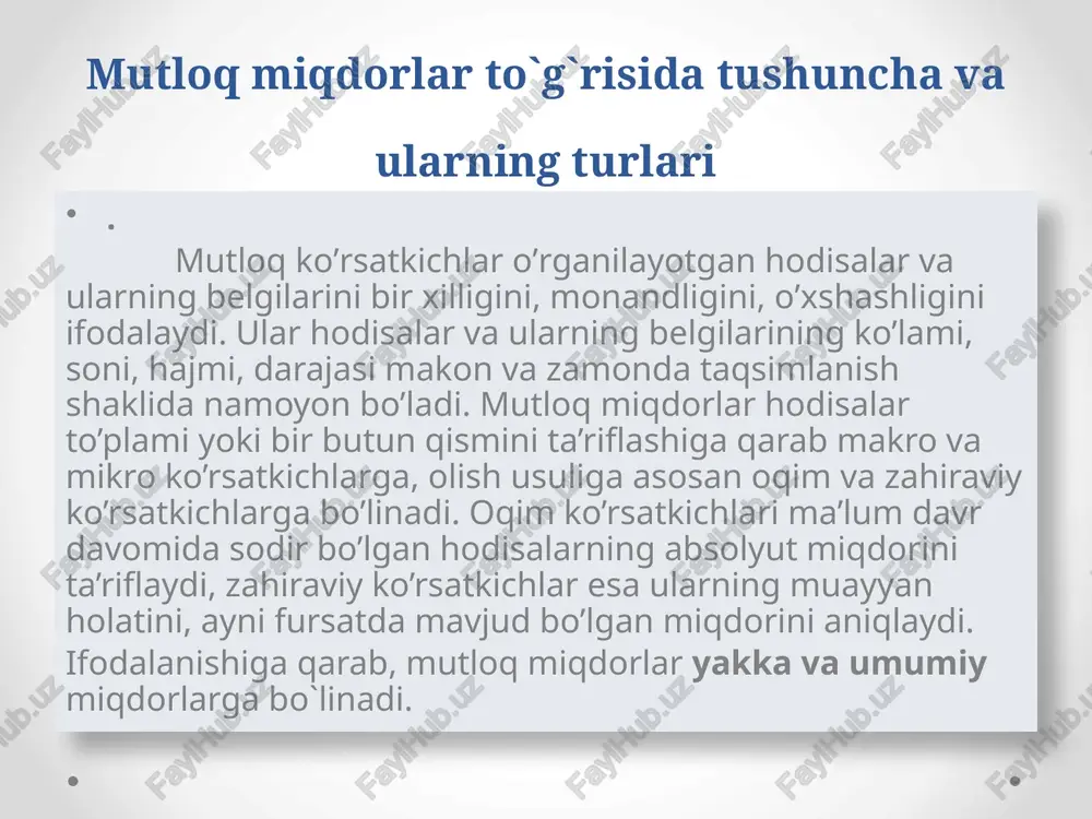 raj) qilib bir hil miqdorlar qabul qilinishi mumkin. jumladan, bazis miqdor sifatida davlat buyurtmasi, o`tgan davr miqdori (hajmi), o`rganilayotgan xodisa yig`indisi, boshqa mintaqa ko`rsatgichi yoki qandaydir boshqa xodisalar ko`rsatkichi olinishi mumkin. shunday qarab nisbiy miqdorlar quydagi asosiy turlarga bo`linadi: reja topshirig`i nisbiy miqdorlari. buyurtma bajarilish nisbiy miqdorlari. dinamika nisbiy miqdorlari. tuzilma nisbiy miqdorlari. koordinatsiyali nisbiy miqdorlari. intensiv nisbiy miqdorlari. obyektiv va hududiy taqqoslash nisbiy miqdorlari. reja topshirig`i reja topshirig`i – nisbiy miqdori rejalashtiralayotgan davr ko`rsatkichining oldingi yilning xaqiqiy ko`rsatkichiga nisbatan qanday o`zgarishi lozimligini ko`rsatadi va quyidagicha xisoblanadi: rtnm= drt •100 /d0 rtnm – reja topshirig`i nisbiy miqdori. drt – joriy davr uchun reja topshirig`i. do – bazis davrda xaqiqiy bajarilgan ko`rsatkich. dinamika nisbiy miqdorlari dinamika nisbiy miqdorlari bir xil turdagi xodisa va jarayonlarning vaqt bo`yicha o`zgarishini avsiflaydi. ular joriy davr ko`rsatkichini bazis davr ko`rsatkichiga bo`lish yo`li bilan aniqlanadi. agar davrlar soni uch va undan ortiq bo`lsa, u xolda xar bir …