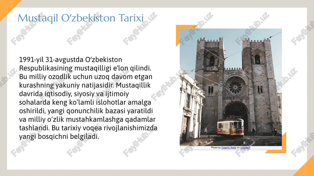 a ega. innovatsiyalar va yangi gʻoyalar yoshlar innovatsiyalar va yangi gʻoyalar bilan ajralib turadi. ular texnologik rivojlanish, startaplar va ijodiy tashabbuslar orqali mamlakat rivojiga hissa qo'shadi. bu imkoniyatlar yaratadi. yoshlar va davlat siyosati o'rtasidagi aloqalar davlat siyosati yoshlar manfaatlarini himoya qilish va ularning faoliyatini qo'llab-quvvatlashga qaratilgan bo'lishi kerak. ular uchun dasturlar va loyihalar ijtimoiy va iqtisodiy rivojlanishni ta'minlaydi. photo by roberto nickson on unsplash xulosa mustaqil o'zbekistonning ahamiyati mustaqil o'zbekiston 1991-yil 31-avgustda e'lon qilindi va bu davlatchilik tarixidagi muhim bosqichdir. bu erishilgan yutuqlar va qabul qilingan qonunlar mamlakatning barqarorligini ta'minladi. mustaqillik davrida amalga oshirilgan islohotlar iqtisodiy va ijtimoiy sohalarda yangi imkoniyatlar yaratdi. bu jarayonlar mamlakatni rivojlantirishga xizmat qilmoqda. kelajak uchun imkoniyatlar va muammolar yangi texnologiyalar, xalqaro hamkorlik va innovatsiyalar orqali mustaqillikni yanada mustahkamlash mumkin. bu yoʻlda qator imkoniyatlar mavjud. shuningdek, iqtisodiy va ijtimoiy muammolarni hal etish uchun strategiyalar ishlab chiqilmoqda. bu muammolarni yengish uchun yangi yondashuvlar zarur. foydalanilgan adabiyotlar 1. …