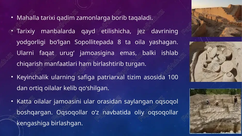 unga asosan, har bir mahalla oʻz hududida ishlab chiqarishni tashkil etishi, kichik korxonalar ochishi, oʻzi ishlab chiqargan mahsulotni sotishi, uning bir qismini mahalladagi ehtiyojmandlarga bepul tarqatishi, oʻz hududidagi aholini ish bilan taʼminlashi, aholiga madaniymaishiy xizmat koʻrsatishi mumkin. hozirgi paytda mahallalarning bozor iqtisodiyoti qonunlari asosida, oʻz faoliyatlarini tashkil etishlari uchun barcha imkoniyatlar yaratildi. ular, toʻy-maʼraka marosimlarini oʻtkazish, hasharlar uyushtirish, oilaviy nizolarni bartaraf etish, bemorlar holidan xabar olish ishlari bilan shugʻullanadi. koʻpchilik mahallalarning oʻz masjidi bor, turli maʼrakalar uchun kerakli ashyolar (doshqozon, idishtovoq, choynak-piyola, tobut va boshqalar) mavjud. 90-yillarda mahalla hokimiyatning rasman quyi yuridik organiga aylandi. mahalla vazifalari ancha kengaydi, u demokratik davlatning eng muhim boʻgʻinlaridan biri. 2. mahallaning ijtimoiy-pedagogik o‘rni mahallaning ijtimoiy o’rni shunda namoyon bo’ladiki, u doimo jiddiy ijtimoiy o’zgarishlarga o’z munosabatini bildirgan va oliy insoniy va axloqiy tamoyillarga tayangan. masalan, xxasrning 20-30 yillarda mahalla ayollarning ijtimoiy ishlab chiqarishga qo’shilishi, savodsizlikni bartaraf etish, aholining madaniy dunyoqarashini kengaytirish qo’llab-quvvatlangan. hammaga mahalla …