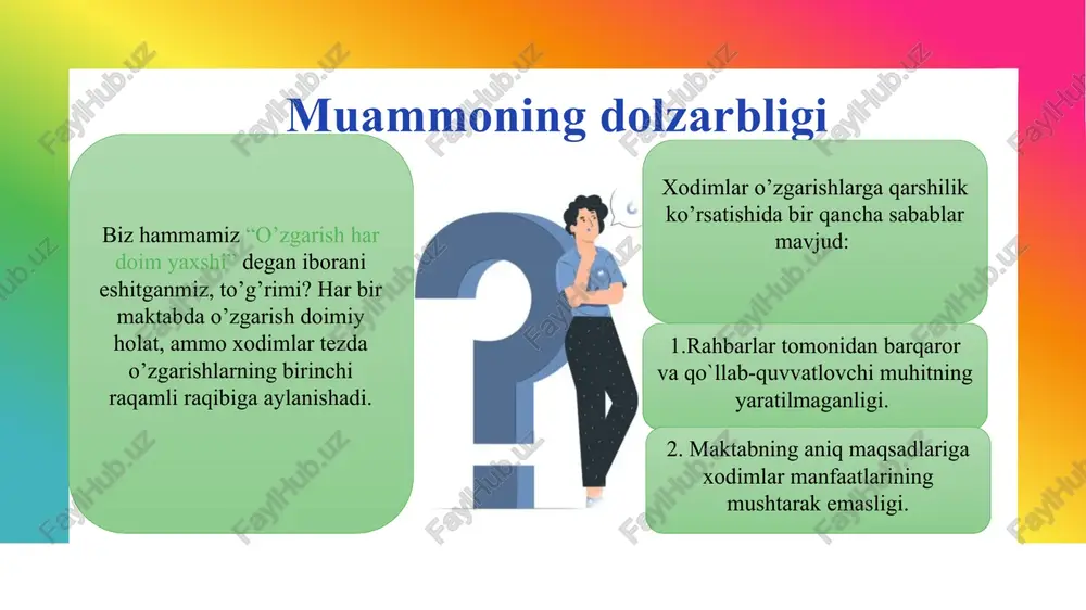 atini o'rganish) qiyosiy tahlil o’zbekistonda xorijiy davlatda takliflar - muammoni keltirib chiqargan omillarning nima ekanligi o’rganilmaydi. - reytingga katta e’tibor qaratiladi.. - rahbarlar tomonidan xodim uchun tezda xulosa chiqariladi. - fillandiyada o‘qituvchi faoliyati baholanmaydi, tekshiruvdan o‘tkazilmaydi. singapur o‘quv dasturi asosida mamlakatdan tashqariga sayohatga chiqishadi. - fillandiyada maktab reytingi yuritilmaydi. -tadqiqot markazlari ko‘p. -xodim o‘z xatosini tushunishi uchun yo’nalish berish kerak. -o‘quv dasturlari doirasida sayohat tashkillashtirish. -sotsiologik tadqiqot markazlarini tashkil etish. muxtasar qilib aytganda, siz o‘zgarishlarga qarshilikni kutishingiz kerak. o‘zgarishlarga qarshilikni boshqarish uchun siz strategik yondashuvingizni ko‘rib chiqishdan va o‘zgarishlarga qarshilikni kamaytirish uchun taktika va texnikani shakllantirishdan oldin, avvalo, odamlar o‘zgarishlarga nima uchun qarshilik ko‘rsatishini tushunishingiz, so‘ngra ularning qarshilik sabablarini aniqlashingiz kerak. xulosa takliflar xodim o'z xatosini tushunishi uchun yo'nalish berish. o'quv dasturlari doirasida sayohat qilish. sotsiologik tadqiqot markazlarini tashkil etish. “eng kreativ fikrlovchi ustoz”, “eng yaxshi fan o`qituvchisi” nominatsiyali ko`rik-tanlovlar o`tkazish va g`oliblarni rag`batlantirish. ustoz-shogird an'analarini davom ettirish. o'z ustida …
