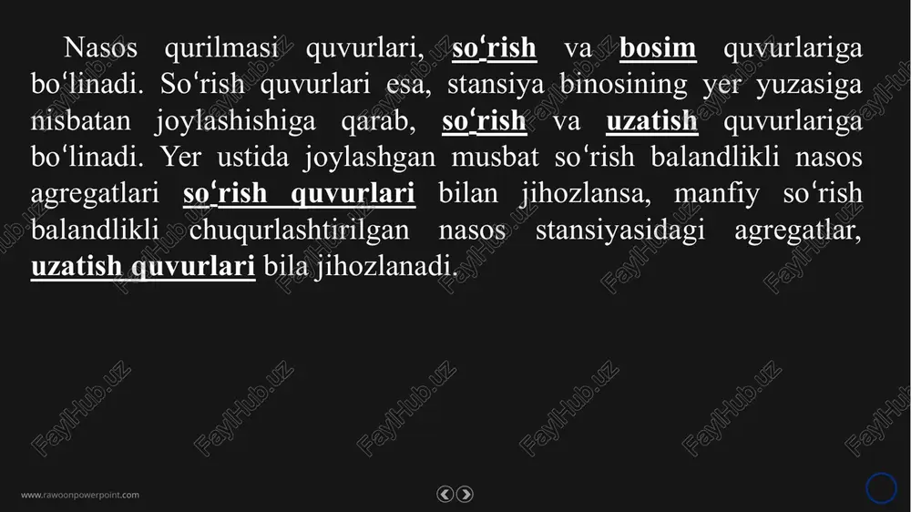 dagi nasos stansiyalaridagi gorizantal va vertikal o‘rnatilgan markazdan qochma nasoslarning uzatish quvurlari ko‘rsatilgan. uzatish quvurlarining diametrlari, so‘rish quvurlari diametrlariga teng qabul qilinib, odatda so‘rish patrubkasi diametridan katta bo‘ladi. uzatish quvuridan so‘rish patrubkasiga o‘tish, diffuzor orqali amalga oshiriladi. markazdan qochma vertikal yoki o‘qiy nasoslar o‘rnatilgan blokli turdagi nasos stansiyasining uzatish quvurlari beton bloklardan tayyorlanadi va binoning asosini tashkil kiladi. uzatish quvurlarining o‘lchamlari nasos ish g‘ildiragi diametriga nasbatan qabul qilinadi.. beton bloklardan tayyorlangan uzatish quvurlari, kamera yoki tirsak shaklida bo‘ladi. www.rawoonpowerpoint.com 85-rasm. gorizantal (a) va vertikal (b) o‘rnatilgan markazdan qochma nasoslarning uzatish quvurlari: 1-suv olish inshooti; 2- uzatish quvuri 3- kamera; 4- nasos; 5- bosim quvuri; 6- val; 7- elektrodvigatel; a-diffuzor; b - zadvijka; v- montaj ulanmasi; g - po‘lat tirsak. www.rawoonpowerpoint.com kamera shaklidagi uzatish quvurlari (86a-rasm), ish g‘ildiragi diametri 87 sm dan kam bo‘lgan va suv sarfi uncha katta bo‘lmagan vertikal o‘qiy nasoslar o‘rnatilgan blokli turdagi nasos stansiyalarida qo‘llaniladi. mahalliy gidravlik …