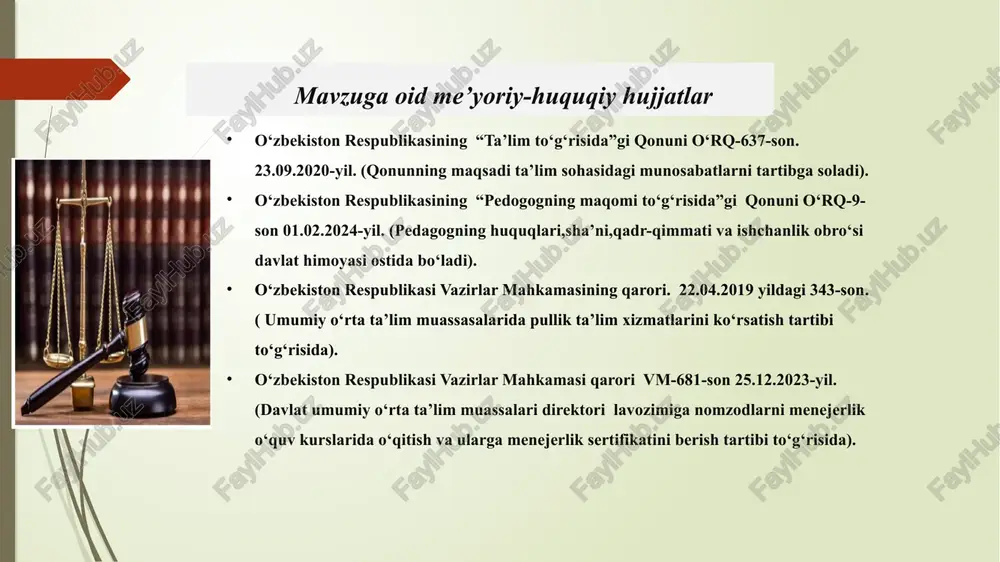 shda turli yondashuvlardan foydalanadi. 1. yuqoridan pastga yondashuv: o‘zgarishlar ta’lim vazirligi yoki mahalliy ma’muriy idoralar tomonidan tashabbus qilinadi va maktablarga amalga oshirish uchun buyuriladi. qat’iy nazorat qilinadi. 2. pastdan yuqoriga yondashuv: o‘zgarishlar maktab darajasida o‘qituvchilar va boshqa xodimlar tomonidan ishlab chiqiladi va keyinroq tasdiqlanish uchun yuqori ma’muriy idoralarga taqdim etiladi. natijada aniq mexanizm yaratiladi. yaponiya maktablarida o‘zgarishlarni amalga oshirishda o‘ziga xoslik mavjud . o‘zaro hurmat va jamoa fikriga tayanib ish rejalashtiriladi. o‘zgarishlar o‘qituvchilar, ota-onalar va jamoat a’zolari o‘rtasida ochiq muhokama va kelishuv orqali qabul qilinadi. doimiy ta’lim imkoniyatlariga yo‘l ochiladi. ontario, kanada: ontario provinsiyadagi maktablarda o‘zgarishlarni amalga oshirish muvaffaqiyatli bo‘ldi, chunki ular xodimlarga o‘zgarishlarga moslashish uchun zarur bo‘lgan ta’lim va taraqqiyot imkoniyatlarini taqdim etishga undaydi. qiyosiy tahlil etilganligi: 06.08.2024 amaldagi holat (o‘zbekistonda) amaldagi holat (xorijda) taklif 1.o‘zbekiston respublikasining “ta’lim to‘g‘risida”gi qonuni o‘rq-637-son. 23.09.2020-yil. (qonunning maqsadi ta’lim sohasidagi munosabatlarni tartibga soladi). 2.o‘zbekiston respublikasining “pedogogning maqomi to‘g‘risida”gi qonuni o‘rq-9-son 01.02.2024-yil. (pedagogning huquqlari,sha’ni,qadr-qimmati …