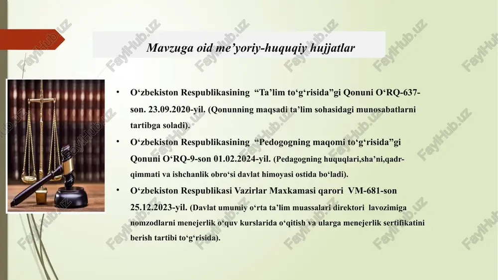 ish uchun buyuriladi. qat’iy nazorat qilinadi. 2. pastdan yuqoriga yondashuv: o‘zgarishlar maktab darajasida o‘qituvchilar va boshqa xodimlar tomonidan ishlab chiqiladi va keyinroq tasdiqlanish uchun yuqori ma’muriy idoralarga taqdim etiladi. natijada aniq mexanizm yaratiladi. yaponiya maktablarida o‘zgarishlarni amalga oshirishda o‘ziga xoslik mavjud . o‘zaro hurmat va jamoa fikriga tayanib ish rejalashtiriladi. o‘zgarishlar o‘qituvchilar, ota-onalar va jamoat a’zolari o‘rtasida ochiq muhokama va kelishuv orqali qabul qilinadi. doimiy ta’lim imkoniyatlariga yo‘l ochiladi. ontario, kanada: ontario provinsiyadagi maktablarda o‘zgarishlarni amalga oshirish muvaffaqiyatli bo‘ldi, chunki ular xodimlarga o‘zgarishlarga moslashish uchun zarur bo‘lgan ta’lim va taraqqiyot imkoniyatlarini taqdim etishga undaydi. qiyosiy tahlil etilganligi: 05.08.2024 amaldagi holat (o‘zbekistonda) amaldagi holat (xorijda) taklif 1.o‘zbekiston respublikasining “ta’lim to‘g‘risida”gi qonuni o‘rq-637-son. 23.09.2020-yil. (qonunning maqsadi ta’lim sohasidagi munosabatlarni tartibga soladi). 2.o‘zbekiston respublikasining “pedogogning maqomi to‘g‘risida”gi qonuni o‘rq-9-son 01.02.2024-yil. (pedagogning huquqlari,sha’ni,qadr-qimmati va ishchanlik obro‘si davlat himoyasi ostida bo‘ladi). 3. o‘zbekiston respublikasi vazirlar maxkamasi qarori vm-681-son 25.12.2023-yil. oʻzbekistonda “menejerlik sertifikati” joriy qilindi. bu …
