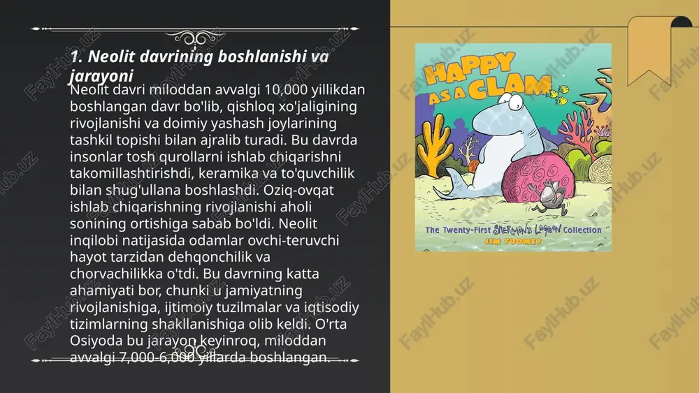 shlar, to‘ylar va boshqa marosimlar orqali ijtimoiy rolga ega. xonadonlarning iqtisodiy faoliyati ko‘pincha kichik tadbirkorlik, dehqonchilik va hunarmandchilik bilan bog‘liq bo‘lib, oilaviy daromadni oshiradi. ular jamiyatni tashkil etuvchi asosiy qism sifatida, milliy an’analarni saqlovchi va rivojlantiruvchi sifatida muhim rol o‘ynaydi. neolit davri ilk bosqichi va soʻngi bosqichi muzaffarova durdona e'tiboringiz uchun raxmat! image1.png image2.png image3.png image4.jpg image5.png image6.jpg /docprops/thumbnail.jpeg