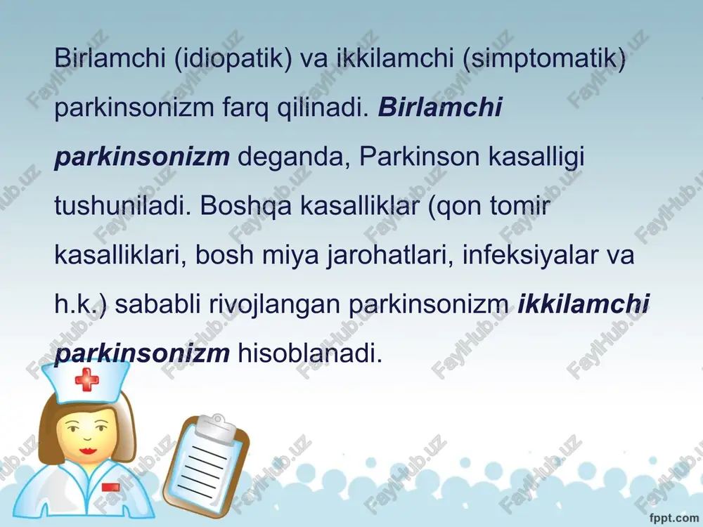 zmda ushbu fiziologik jarayon buziladi. buning asosiy sababi – l-tirozingidroksilaza fermentining tug‘ma yetishmovchiligidir. bu ferment tirozinning l-dioksi fenilalaninga (l-dofa) aylanishini ta’minlaydi. shu ketma ketlikda l-dofa dofaminga, dofamin noradrenalinga, noradrenalin esa adrenalinga aylanadi. ekstrapiramidal yadrolarda ro‘y beradigan mediatorlar disbalansi, ya’ni da miqdori oshib ketishi va ax kamayishi parkinsonizm patogenezida turtki vazifasini o‘taydi. ikkilamchi parkinsonizm ushbu kasallikka nasliy moyilligi bor har qanday odamda va har qanday yoshda rivojlanishi mumkin. nasliy moyillik deganda, tirozingidroksilaza fermentining yashirin yetishmovchiligi ko‘zda tutiladi. parkinsonizmda paydo bo‘ladigan tremor patogenezi: serotonin va gistamin mediatorlari orasidagi disbalans yetakchi o‘rinni egallaydi. ushbu tremor mns tomonidan boshqarilib, agonist va antagonist mushaklarning galma-gal qisqarishlari sababli ro‘y beradi k l i n i k a s i parkinsonizm klinikasini belgilab beruvchi asosiy simptomlar: bular ixtiyoriy harakatlar buzilishi, mushaklar rigidligi va tinch holatdagi tremor. ular quyidagilardan iborat: gipokineziya − harakatlar sustligi; oligokineziya − harakatlar kamligi; akineziya − harakatlar yo‘qligi; mushaklar rigidligi; tinch holatdagi tremor parkinsonizmda …