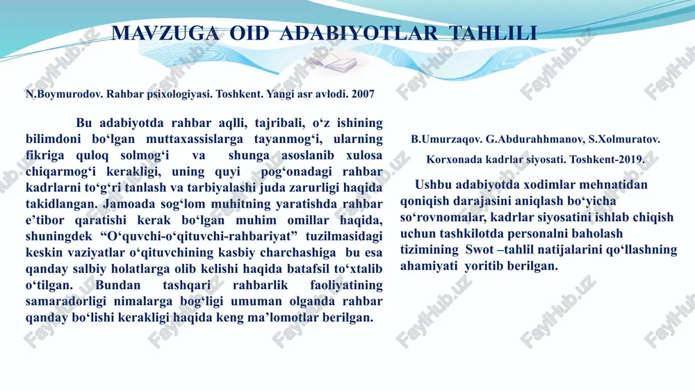 oz-shogird” an’anasini yanada takomillashtirish maktabda kadrlarni qo‘nimsizligini bartaraf etish uchun quyidagi sifatlarga e’tibor qaratish zarur. ijtimoiy va jamoaviy muhit: o‘qituvchilar uchun ijtimoiy va jamoaviy tadbirlarni muntazam o‘tkazish. bu jamoaviy ruhni kuchaytiradi va o‘qituvchilar o‘rtasida hamkorlikni rivojlantiradi. rag‘batlantirish tizimlari: o‘qituvchilarni mehnat samaradorligini hisobga olib maktab hisob raqamidagi mablag‘lardan mukofotlash. bu ularning motivatsiyasini oshiradi va ish joyida uzoq muddat qolishlariga yordam beradi. professional rivojlanish imkoniyatlari: maktabda “ ustoz-shogird” an’anasini rivojlantirib har bir fan o‘qituvchisi har 4 yilda o‘z fanini , kasbini sevadigan shogird tayyorlab chiqarish. o‘zi o‘qigan maktabga kadr bo‘lib kelishini ta’minlash yuqori malakali o‘qituvchilar tayyorlash: o‘qituvchilarni salohiyatini ko‘tarish ya’ni navbatdan tashqari atestatsiya jarayonlariga jalb etish. bu ta’lim sifatini oshirishda muhim rol o‘ynaydi, o‘qituvchining oylik maoshi ko‘tariladi. muloqot va qo‘llab-quvvatlash: o‘qituvchilar va maktab rahbariyati o‘rtasida ochiq muloqot tizimi joriy etish va o‘qituvchilarni qo‘llab-quvvatlash tizimlari yaratish. bu ish muhitini yaxshilaydi va jamoaviy ruhni mustahkamlaydi. xulosa taklif 1-taklif 2-taklif maktabda “ ustoz-shogird” an’anasini rivojlantirib …