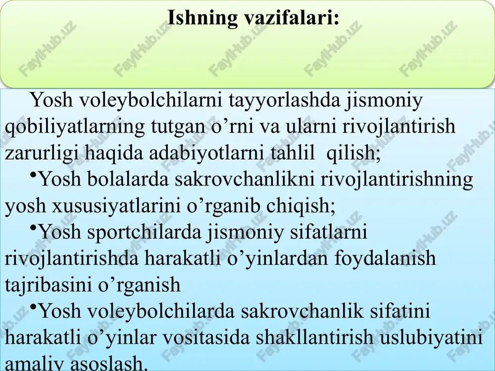 ishni o’zgartirib 30 metrga yugurish nazoratini qabul qilish quyidagicha bo’ladi: 5 metr masofada ikki chiziq start olish va nazorat chizig’i chiziladi. sinaluvchiga ishora berilganda, u besh metr masofani olti marotaba yugurib o’tadi. harakatlanish, yo’nalishni o’zgartirish paytida, sinovda ishtirok etayotgan o’quvchining ikki oyog’i chiziqni kesib o’tishi kerak. topshiriqni bajarish umumiy vaqti qayd etiladi. joyidan turib uzunlikka sakrash. sakrash uzoqligi ( sm aniqlik bilan) nazorat chizig’idan sinovda ishtirok etuvchining erga tushgan, eng yaqin izigacha bo’lgan masofani ruletka yordamida o’lchash bilan amalga oshiriladi. uch marta urinishdan keyin, eng yaxshi natijasi hisobga olinadi. avval sinov urinishiga imkon beriladi. ikki oyoqda joyda turib, yuqoriga sakrash. bundan maqsad, yuqoriga sakraganda og’irlik umumiy markazi ko’tarilishi balandligini o’lchash imkonini beruvchi, joyidan turib sakrashda, sakrash va erga tushish 50x50 sm kvadrat ichida amalga oshiriladi. sinovda ishtirok etuvchilar va bir sinov hamda uch hisobga olish urinishlarini amalga oshiradilar bunda eng yaxshi natija hisobga olinadi. yugurib borib, ikki oyoq bilan itarilib …