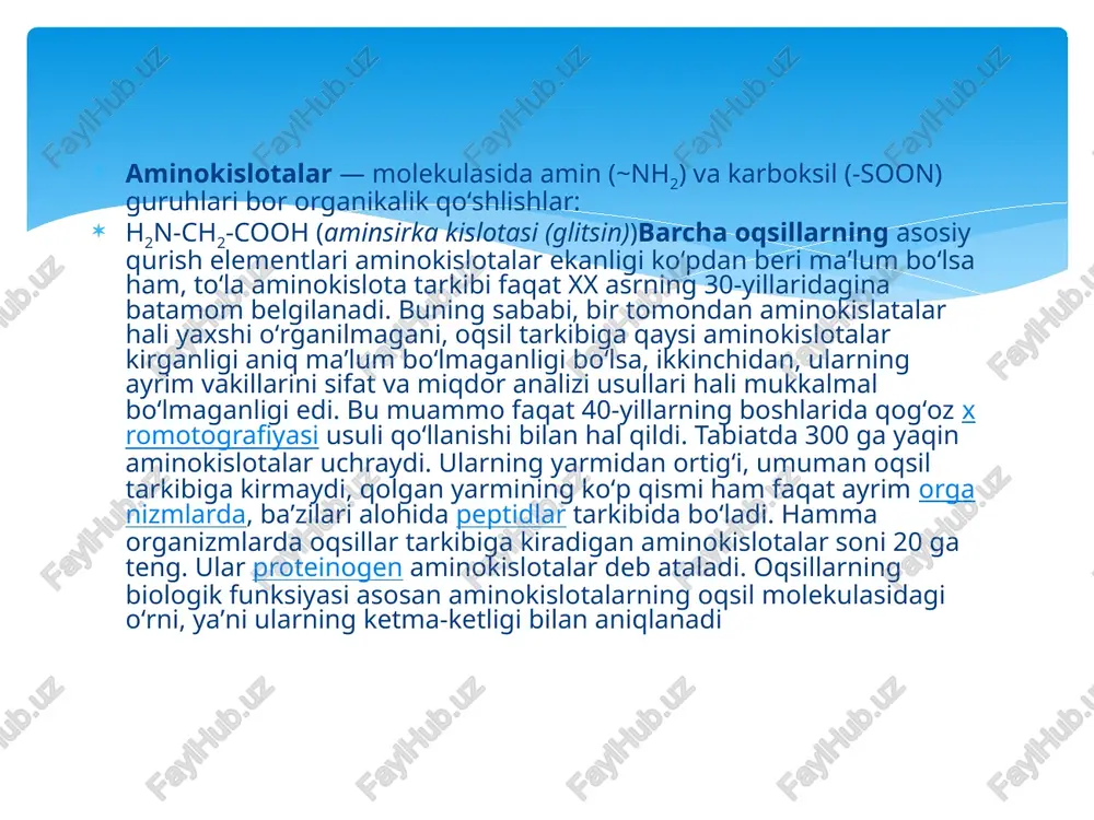 eptid bogʻlarning 40% dan koʻproq qismi qoʻshbogʻli. bu esa peptid zanjirning uzunligini yakka bogʻ holatdagiga nisbatan birmuncha qisqartirishga olib keladi. tirik organizmlarda peptid bogʻlarning hosil boʻlishi fermentativ re-aksiyalar yordamida amalga oshiriladi. lab. sharoitida peptid bogʻlarni kimyoviy va fermentativ reaksiyalar yordamida sintez qilish va parchalash usullari ishlab chikilgan. bu usullar tabiiy peptidlarni sintez qilishga va peptid hamda oqsillarning aminokislotali tarkibi-ni, ularning ketma-ket joylanish tar-tibini aniklashga imkon beradi. peptidlar peptid bogʻ orqali birikkan bir xil yoki har xil aminokislotalardan tashkil topgan organik birikmalardir. tarkibidagi aminokislota soniga binoan, di-, tri-, tetra peptidlar va polipeptidlar boʻladi.[1] nukleoproteinlar tarkibiga xromatin kiradi, ularning tarkibiga xromosomalar ham kiradi. fosfoproteinlar, protez guruhi sifatida kovalent bogʻlangan fosfor kislotasi qoldiqlarini oʻz ichiga oladi. serin, treonin va tirozinning gidroksil guruhlari fosfat bilan ester bogʻlanish hosil qilishda ishtirok etadi. fosfoprotein, xususan, sutdagi kazein. xromoproteinlar turli xil kimyoviy tabiatdagi rangli protez guruhlarini oʻz ichiga oladi. bularga turli funktsiyalarni bajaradigan metall tarkibidagi porfirin protez …