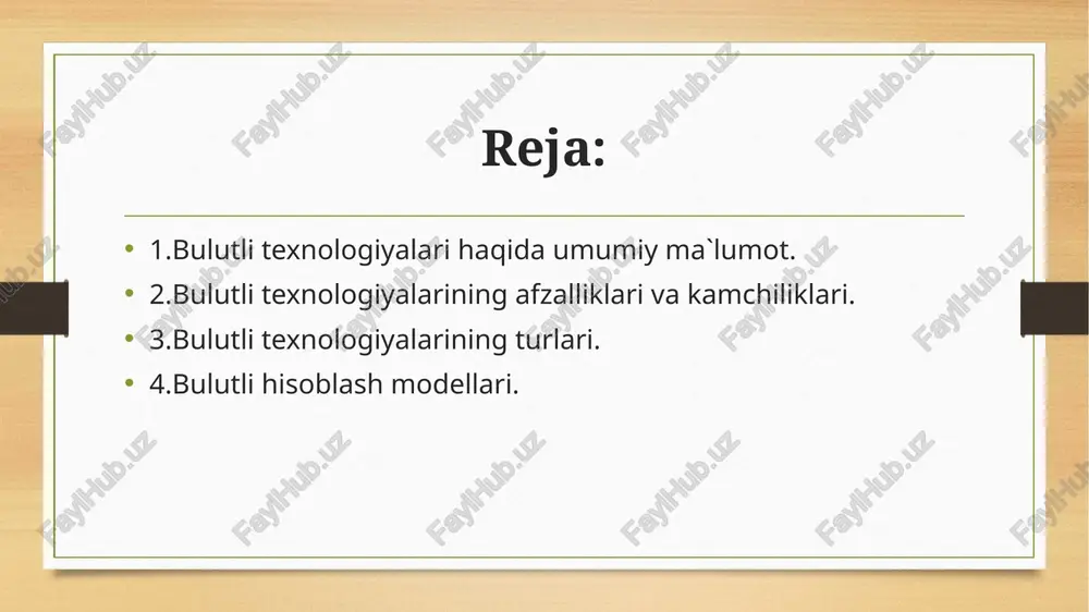 imlangan guruh bulutlari (jamoa) (xizmat va joylashuv shaxsiy bulutlarda farq qilmaydi); 3. bulut provayderining infratuzilmasi asosida tashkilotlarga yoki shaxslarga taqdim etiladigan jamoat yoki jamoa bulutlari (ommaviy). har qanday kompaniya va individual foydalanuvchi taklif etilayotgan xizmatlarga obuna bo’lishlari mumkin. ular saqlashni, shuningdek, web-saytlarni yoki axborot tizi,larine joylashtirishning oson va arzon usulini, boshqa yechimlarda mavjud bo’lmaydigan katta miqyosdagi imkoniyatlarni taklif qiladilar; 4. gibrid bulutlar har qanday kombinatsiyada sanab o’tilganlarni birlashtiradi, masalan, ochiq va oshkora xizmatlarni taqdim etish.ta'minotchining nuqtai nazari bo'yicha, resurslarning birlashishi va iste'molchilar tomonidan iste'molning izchil bo'lmaganligi sababli, bulutli yechimlar har bir iste'molchi uchun ajratilgan apparat imkoniyatlaridan talab qilinadigan darajadan kam apparat resurslaridan foydalanishga imkon beradi va modifikatsiyalash protseduralarini avtomatlashtirish tufayli resurslarni taqsimlash sezilarli darajada kamayadi. iste'molchilar nuqtai nazaridan ushbu xususiyatlar yuqori darajadagi xizmatlarga ega bo'lish va ishlamay qolish xavfi past bo'lgan xizmatlarni olish, shaxsiy kompyuter infratuzilmasini yaratmasdan, texnik xizmat ko'rsatmasdan va modernizatsiyasiz kompyuter tizimining egiluvchanligi sababli tez miqyosda ta'minlanishini ta'minlaydi. …