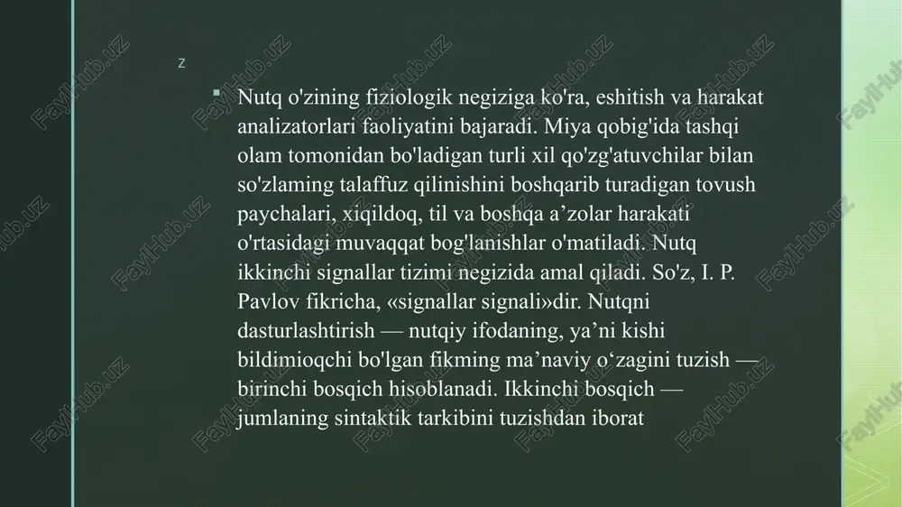 r, mimika va pantomimika yordamida ifodalanadi. noveibal belgilar nutqni to'ldiradi, ba’zida uning o'm ini bosadi, kommunikativ jarayon ishtirokchilarining emotsional holatini aks ettiradi. shuning uchun muloqot davomida noverbal signallami kuzatish va ulaming mazmunini tushunish juda muhimdir. z noverbal muloqotda quyidagi belgilar tizim laridan keng foydalaniladi: 1. kinetik belgilar tizimi imo-ishoralar, mimika va pantomimikadan iborat. masalan, rost so'zlayotgan kishi ochiq kaftlarini ko'rsatishdan qo'rqmaydi. aksincha, yolg'onchi ularni berkitishga harakat qiladi. suhbatdoshdan o'zini yuqori tutish belgilaridan biri — butun kaft cho'ntakda bo'lib, bosh barmoqning tashqariga chiqarib qo'yilganligidir. shubhalanuvchanlikni odatda og'izni qo'l bilan himoyalash, burunga tegib qo'yish, qovoqlami silab qo'yish, quloq ortini yoki bo'yinni qashlab qo'yish bildirib qo'yadi. dahanni silab-silab qo'yish qaror qabul qilishga qiynalishni ko'rsatadi. asabiylik holati kishining biror narsaga — bilak uzugi, soati va shu kabilarga hech qanday maqsadsiz qayta-qayta tegib turishi ostiga yashirinadi. stulning ustiga «minib», oyoqlami keng yozib o'tirishdan odamdagi dominantlikka (ustunlikka, hukmronlikka) moyillikni sezish mumkin. oldinga chiqarilgan oyoq, ayniqsa, uning …