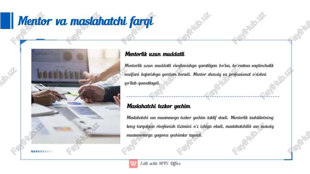 iqlaydi. men t o r b i l a n mun t a zam uchrashuvlar mentee mentor bilan muntazam uchrashuvlarni tashkil etadi, bu esa o‘rganish va rivojlanish jarayonini tezlaydi. uchrashuv jadvali va formati oylik uchrashuvlar dastur davomida oylik 2 ta 60 daqiqalik uchrashuv belgilanadi. bu xodimlarning tez o‘rganishini va rivojlanishini ta’minlaydi. uchrashuv formatlari formatlarda ochiq savol-javob, vazifa tahlili, ko‘ngilochar mashg‘ulotlar va shadowing qo‘llaniladi. reja oldindan elektron jadvalda tasdiqlanadi. ta’lim resurslarini taqsimlash elektron resurslar har bir mentor-mentee juftligiga davlat va kompaniya tomonidan tasdiqlangan resurslar to‘plami beriladi: qo‘llanmalar, onlayn kurslar, testlar, video darslar. resurslar saqlash resurslar xavfsiz bulutli platformada saqlanadi. bu xodimlarning qulay va tez o‘rganishini ta’minlaydi. resurslar foydalanish xodimlar elektron resurslardan foydalanib, o‘rganish va rivojlanish jarayonini o‘z ichiga oladi. davriiy monitoring va hisobot monitoring va hisobot hr-mentor koordinatorlari oylik monitoring o‘tkazadi: reja bajarilishi, uchrashuv protokollari, o‘zlashtirish darajasi tekshiriladi. ma’lumotlar elektronda kiritiladi va boshqaruv kengashiga taqdim etiladi. samaradorlik ko‘rsatkichlari turi natijalar turlari …