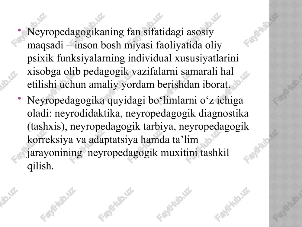 yropedagogika fani imkoniyatlari samarali qo‘llanilishi mumkin. bu esa ta’lim jarayonida beriladigan ma’lumotlarni bolalar faqatgina eslab qolishlari uchun emas, balki anglashlari va nisbatan qiyinchiliklarsiz tushunishlari hamda o‘zlashtirishlari uchun yordam beradi. ushbu holat bolalarda bosh miya yarim sharlari sinxronizatsiyasining rivojlanishini – ularda aqliy faoliyat samaradorligining oshishini ta’minlaydi. buning uchun quyidagi muhim holatlarga tayangan holda neyropeldagogikaga asoslangan yangi pedagogik texnologiyalarni yaratilishi va ta’lim jarayoniga joriy etilishi kerak bo‘ladi: har bir bolada ta’lim olish, atrof-muhitni tushunish va tafakkur qilish jarayoni turlicha kechadi; har bir bola tafakkurining o‘ziga hosligi – inson bosh miyasi yarim sharlarining ma’lumotlarni qabul qilish xajmi va ishlash tezligi, u yoki bu xotira tizimining ustunligi va tafakkur jarayonlarining borishi bilan farq qilishida; maktabgacha va boshlang‘ich ta’lim muassasalarida ta’lim jarayonini rejalashtirish va tashkil qilishda har bir individ bosh miya yarim sharlari faoliyatining o‘ziga hosliklarini xisobga olish ta’lim jarayonida o‘qituvchilar o‘quv materiallarini tushunarli tilda bolalarga etkazish uchun ularning bosh miya yarim sharlaridagi o‘ziga hosliklarni …