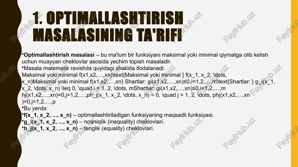 b1 + 40*b2 b4: resurs a: =2*b1 + b2 b5: resurs b: =b1 + 2*b2 solverni ishga tushirish: data -> solver ni tanlang. set objective: $b$3 (foyda). equal to: "max". by changing variable cells: $b$1:$b$2 (mahsulotlar soni). constraints: b4 = 0 va b2 >= 0 (mahsulotlar soni manfiy bo'lmasligi kerak). solve tugmasini bosing. excel optimal qiymatlarni hisoblab beradi. yechim: excel orqali yechimni topganingizda quyidagicha natijalar bo'lishi mumkin: mahsulot 1 soni x1=20x_1 = 20x1​=20 mahsulot 2 soni x2=30x_2 = 30x2​=30 shu bilan, kompaniya maksimal foyda olish uchun 20 ta mahsulot 1 va 30 ta mahsulot 2 ishlab chiqarishi kerak. maksimal foyda esa: max z=30(20)+40(30)=600+1200=1800 so’m\text{max z} = 30(20) + 40(30) = 600 + 1200 = 1800 \text{ so'm}max z=30(20)+40(30)=600+1200=1800 so’m yechishni bajarish: misol: fabrika uchun ishlab chiqarish va sotish faraz qilaylik, bir fabrika ikkita turdagi mahsulot ishlab chiqaradi. har bir mahsulotni ishlab chiqarish uchun vaqt va xom ashyo talab qilinadi. kompaniya …