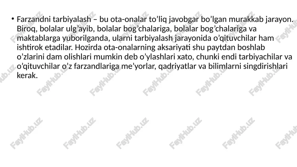 b ma’muriyati va barcha sinf o’qituvchilari ota-onalar tarkibini ularning ta’lim va kasbiy darajasi, to’liq va to’liq bo’lmagan oilalar to’g’risidagi ma’lumotlar, o’quvchilarning ota-onalari salomatligi, yashash sharoitlari, bolalarni tarbiyalash imkoniyatlari bo’yicha tahlil qiladilar. , ularning oilaviy an’analari. talabaning oilasini o’rganish oilaning yo’lini, uning ijtimoiy munosabatlarini, axloqiy va ma’naviy qadriyatlar tizimini, boshqa odamlar va bir-birlari bilan munosabatlarini, oilaviy an’analarni, ota-onalarning pedagogik tarbiyasini, tashkil eta olish qobiliyatini tushunishga imkon beradi. ta’lim maqsadlariga va bolaning yoshiga muvofiq oiladagi bolalarning hayoti va faoliyati. muloqotning barcha turlari, qo’shma ta’lim faoliyati jarayonida ota-onalar bilan barcha aloqalar oila tarbiyasi, oilada bo’sh vaqtdan foydalanish, oila a’zolarining sevimli mashg’ulotlari, ota-onalarning ota-onalarning ota-onalarini tushunish chuqurligi haqida yangi materiallarni taqdim etadi. bolaning shaxsiyatini shakllantirish jarayoni, bu bola shaxsini rivojlantirish uchun oila bilan ishlashning pedagogik vakolatli yo’nalishini tanlash imkonini beradi. e'tiboringiz uchun rahmat image1.jpeg image2.jpeg image3.jpeg image4.jpeg image5.jpeg image6.jpeg /docprops/thumbnail.jpeg