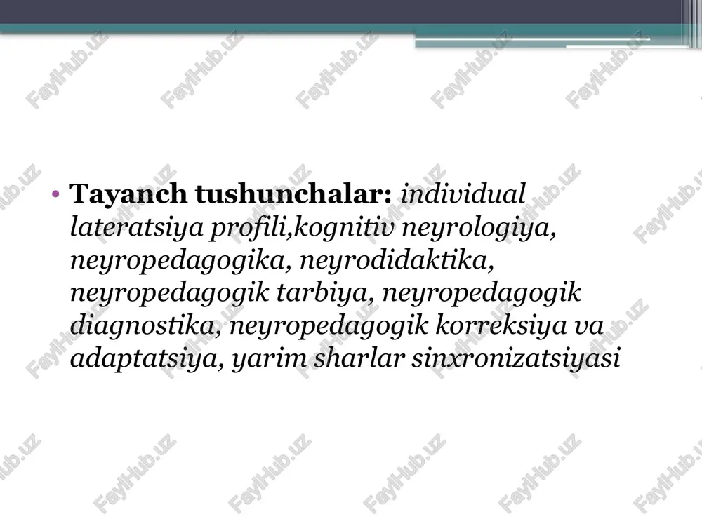 sturlarini o‘z vaqtida o‘zlashtirmaslik shaxsning intellektual va ijtimoiy rivojlanishiga salbiy ta’sir ko‘rsatadi. bolalarning barchasi diqqati va xotirasining xajmi, uni ko‘chuvchanligi, ma’lumotlarni qabul qilish va o‘zlashtirish tezligi, borliqni tasavvur qilishi va anglashi, “dunyoni ko‘rishi” bilan bir-biridan farq qiladi. buning asosiy sababi – bosh miya yarim sharlarining qaysi biri inson hayoti faoliyatida etakchi ahamiyatga ega ekanligidadir. chunki, ta’lim jarayonida bosh miya chap yarim shariga tayanish faqat chap yarim sharning faol rivojlanishiga, o‘ng yarim shariga tayanish esa yarim sharlarning har ikkalasining faol rivojlanishiga olib keladi. shu sababli ta’lim-tarbiya jarayonida bolalar psixikasidagi mana shunday o‘ziga hos jixatlarini xisobga olish bolaga ta’lim berish, uning tarbiyasi va kamolotidagi muhim omillardan biri xisoblanadi. tunkun ya.a. osnovi neyropedagogiki: istoriya, teoriya i praktika / j.: kiberleninka, 73-2, -203. s.204. ushbu muammoni samarali hal etish uchun uning echim yo‘lini izlashga yangicha yondashish – muammoni majmu’aviy tahlil qilish va hal etish zarur. buning uchun barcha insonshunos mutaxasislar – pedagog, psixolog, sotsiolog …