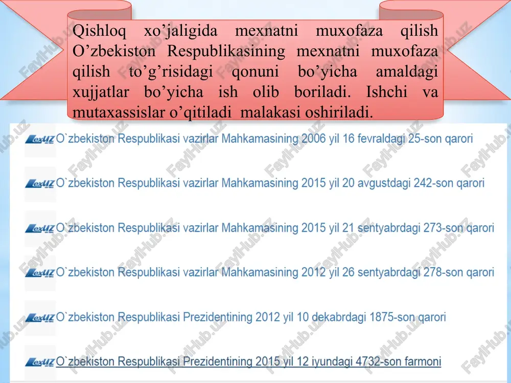 bat. (№43-kx). 4. jamoa shartnomalarini tuzish va bajarilishi bo’ycha xisobat (№1-jsh) 5. baxtsiz xodisalarn (jaroxatlanganda, o’lganda, kasb kasallika uchraganda, zaxarlanganda) tuziladi (№n-1) dalolatnoma avtomobil, temir yo’l, xavo yo’llari, dengiz va xavo transportida, elektr transportida, yo’l xarakati xodisasida . korxona transportida yoki shartnomaga muvofiq o’zga transportda ishga ketayotgada yoki ishdan qaytyotganda ish vaqtida shaxsiy transportda uning xizmatga oid safarlarda ishlatish xuqiqi berilganlik xaqida ish beruvchi farmoishi bor bo’lganda . shanbalik o’tkazilayotganda qaerda o’tkazilishdan qattiy nazar korxonalarga otalik yordm ko’rstayotganda. ishlab chiqishdagi baxtsiz xodisa natijasida xodimning mexnat qobilyati tibbiy xulosaga muvofiq kamida bir kunga yo’qatilsa . ish bilan ta’minlovchi tekshirish tugagandan so’ng 3 sutkadan kechiktirmay jabirlanuvchiga n-1 dalolatnomalar berish kerak ishlab chiqrishdagi baxtsiz xodisa to’g’risida xabar berish sxemasi. korxona tashkilot nomlari. xodisa yuz bergan sana, vaqt, joy jabirlanuvchilar va o’lganlar soni jabirlanuchini (o’lganlar) ni ismi sharifi, yoshi, kasbi, lavozimi. xabar berilgan sana, vaqti respublika qishloq va suv xo’jaligi vazirligi qoshida mexnat muxofazasi …