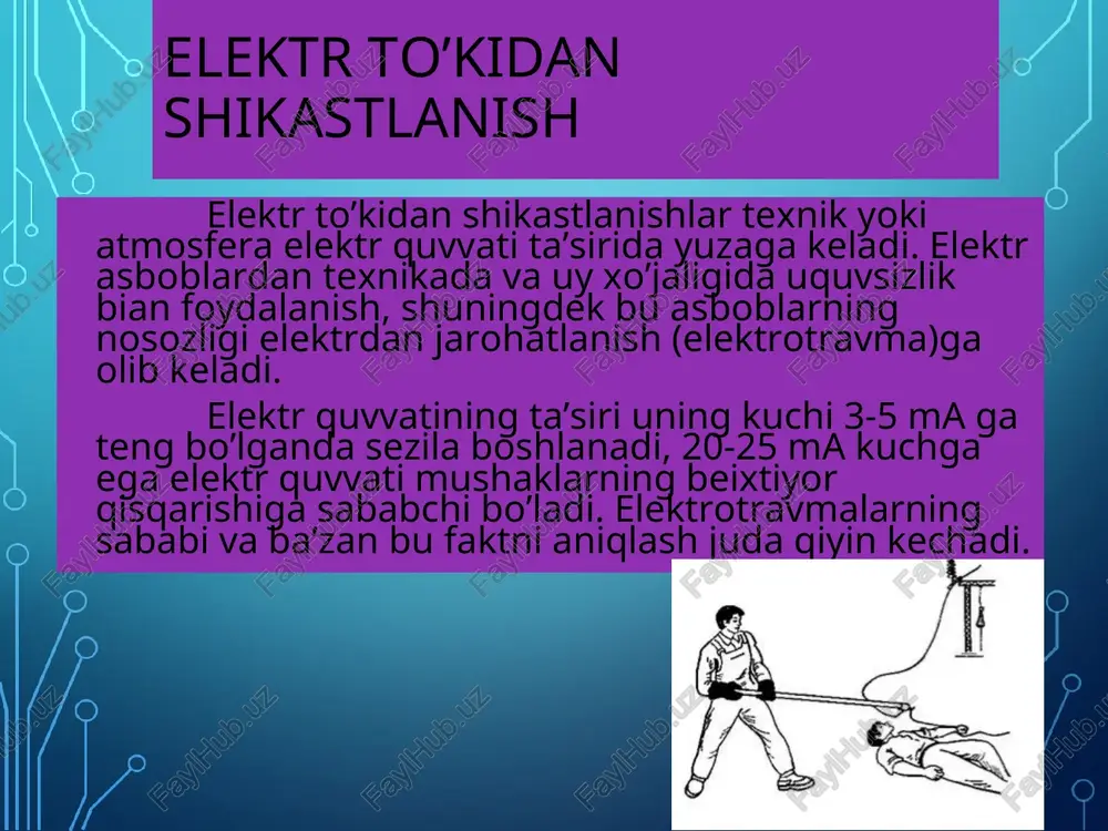 ibidagi moddalar va boshqa organik suyuqliklar parchalanadi. issiqlik natijasida terini ayrim qismlari kuyadi.biologik tasiri natijasida tirik xujayralar qo’zg’alib tomir tortishib muskul qisqaradi elektr toki bilan jaroxatlanish inson va xayvon organizmi uchun terini xolatiga bog’liq.odam tanasini qarshiligi 1000 om dan 10000 omgacha bo’lib tokni chastotasi va teriga qarab qarshilik ko’rsatadi.hayvon organizmi esa qanchalik og’ir bo’lsa elektr tokiga qarshiligi kuchli bo’ladi.ammo hayvon organizmini qarshiligi odam tanasini qarshiligidan kam elektir toki urishiga kishining elektr zanjiriga ulanib qolishi yani tegib ketishi sabab bo’ladi.elektr tokiga ulanib qolishni ikki xil shakli bor. 1-ikkita sim orasida ulanib qolish 2.sim bilan yer orasida ulanib qolish ikkala xolatda xam jaroxatlanish natijasi kuchlanish kattaligigga pol va poyabzalni ximoyalanish xolatiga simga tekkan vaqtda jaroxatlanuvchi xolatiga bog’liq.tana qo’llar orqali to’k o’tish eng xavfli sanaladi elektir urishi katta xavf tug’diradi.xavf yuz berishi mumkin bo’lgan quydagi to’k qiymatlarini ajratish mumkin. 1.seziluvchan to’k/2 ma gacha-organizmdan o’tganda sezilarli qo’zg’atishni keltirib chiqaradi. 2.qo’yib yubormaydigon to’k/10-25ma.-organizmdan o’tganda qo’l …