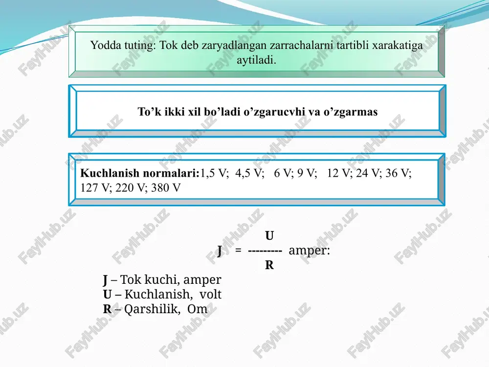 idagi fo’rmula orqali topiladi. zxb=no’b*zo’b bu yerda: no’b –bir yilda o’limsiz sodir bo’lgan elektr jaroxatlar. zo’b –o’limsiz sodir bo’lgan o’rtacha zarar. to’k o’tkazuvchi qismga tegishdan oldin xatto qurilmaning kuchlanishi boshqa qismlardan uzib qo’yilganda xam unda biroz xatolik bilan kuchlanish qolgan qolmaganligini tekshirish kerak. fazalar orasidagi kuchlanish 230v bo’lganda 220v ga mo’ljallangan ko’chma nazorat lampadan foydalanish mumkin. kuchlanish 380-220v bo’lgan uch fazali qurilmalarda nazorat lampalardan foydalanish man qilinadi. foydalanilgan adabiyotlar: 1. o’zbekiston respublikasi konstitutsiyasi. t. o’zbekiston- 1992 yil. 2. o’zbekiston respublikasi mexnat kodeksi. toshkent 2018 yil 3. x.e.goyipov “hayot faoliyati havfsizligi” (lotin alifbosi) toshkent yangi asr avlodi 2015 – yil. 4. www.arxiv.uz 5. www.google.ru 6.www. ziyonet.uz sofiyev saidvoisxon saidmurodxonovich +99893 690 89 89 e’tiboringiz uchun raxmat! image2.jpeg image3.jpeg image4.jpeg image5.jpeg image6.jpeg image7.jpeg image8.jpeg image9.png image10.jpeg image11.jpeg image12.jpeg image13.jpeg image14.jpeg image15.jpeg image16.jpeg image17.jpeg image18.jpeg image19.jpeg image20.jpeg image21.jpeg image22.jpeg image23.jpeg /docprops/thumbnail.jpeg