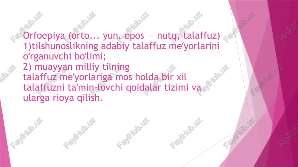 adi: chiy, kiy/ming kabi; 4) h bilan yondosh bo'lganda ham biroz cho'ziq va ingichka talaffuz qilinadi: hid, hind, his kabi; 5) ko'p bo'g'inli so'zlarning urg'usiz bo'g'inida kuchsiz va qisqa (bilan, biroq, sira, tilak, gilam, gilos, viqor kabi), urg'uli bo'g'inda esa kuchliroq va cho'ziqroq (nozik, alik, rost lik kabi) talaffuz etiladi; undosh tovushlar orfoepiyasi ko'proq kombinator va pozitsion omillar ta'sirida yuz beradigan fonetik hodisalarga bog'liq bo'ladi. xususan: 1) b, d jarangli undoshlari so'z oxirida jarangsiz p,t tarzida talaffuz etiladi, bu hoi o'zbek adabiy talaffuzi uchun me'yor hisoblanadi: kitob > kitop, borib > borip, yozib > yozip, savod > savot, obod > obot kabi; 2) b, d undoshlari jarangsiz undoshlar bilan yonma-yon qo'llanganda assimilatsiyaga uchrab, p, t holida talaffuz etiladi, bu hoi ham adabiy talaffuz me'yori hisoblanadi: ibtidoiy > iptidoiy, ketdi > ketti\ 3) j, z undoshlarining jarangsiz undoshlar ta'sirida sh, s deb talaffuz etilishi ham adabiy til uchun me’yordir: ijtimoiy > …