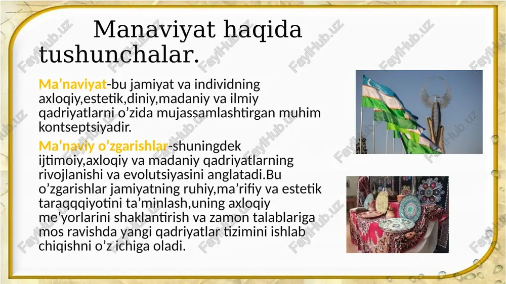 etilgan modernistik uslubdagi binolarni yuneskoning butunjahon merosi ro‘yxatiga kiritish uchun nomzodnoma tayyorlamoqda. darhaqiqat, so‘ngi yillarda yurtimizda san’at va madaniyat sohasida tub islohotlar amalga oshirildi. yuneskoning insoniyat nomoddiy madaniy merosi ro‘yxatiga yana 9 ta milliy merosimiz namunasi kiritildi. 2023-yil sentabr oyida yuneskoning bosh qarorgohida buyuk ajdodimiz abu rayhon beruniy tavalludining 1050-yilligi keng miqyosda nishonlandi. yangi o’zbekistonda diniy erkinlik yangi o’zbekistonda diniy erkinlik sohasida sezirarli islohotlar amalga oshirilmoqda.prezident shavkat mirziyoyevning rahbarligida mamlakatda diniy erkinliknib taminlash diniy tashkilotlar faoliyatini liberlashtirish va dinga oid siyosatni yangilashga kata etibor berilmoqda. dinlararo bag'rikenglikning shakllanishi. sssr davrida o'zbekistonda 89 masjid, 2 ta madrasa bo'lgan bo'lsa, 2017-yilga qadar esa 2033 ta masjid, islom universiteti, islom instituti, 16 ta diniy konfessiyalar faoliyat yuritib keldi. yoshlarga berilayotgan imkoniyatlar va imtiyozlar. soʻnggi yillarda olib borilgan islohotlar samarasi natijasida mamlakatimizda yoshlarni qoʻllab-quvvatlashning kompleks tizimi yaratildi. bilimli, keng dunyoqarashga ega vatanparvar yigit-qizlarni tarbiyalash davlat siyosatining ustuvor vazifalaridan biri etib belgilandi. jumladan, oʻzbekiston respublikasi …