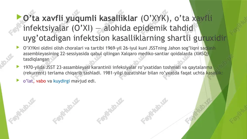 orragik o’choq shaklida bo’ladi. kuydirgining teri shakli bu kuydirgi kasalligi holatlarining 98-99 foizida kuzatiladi. uning eng keng tarqalgan shakli karbunkulyar shaklidir, kamroq tarqalganlari kasallikning edematoz, bullyoz va erizipeloid shakllari. ko’pincha tananing ochiq qismlari shikastlanadi; karbunkullar bosh, bo’yin, burun va og’izning shilliq qavatida joylashganida kasallik ayniqsa og’ir kechadi. vabo — o’tkir infektsion kasallik bo’lib, vabo vibrioni (vibrio cholere) bakteriyalari tufayli rivojlanadi va odatda og’riqsiz va suvsimon ich ketishiga olib keladi. ba’zi bemorlarda ich ketishi shunchalik jiddiy bo’ladiki, natijada o’g’ir suvsizlanish rivojlanadi va u hatto o’limga ham olib kelishi mumkin. ko’p odamlar vabo vibrionini bakteriyalar bilan ifloslangan oziq-ovqat yoki suv iste’moli natijasida yuqtirib olishadi. alomatlar yengil bo’lishi mumkin bo’lsa-da, ba’zi avval sog’lom bo’lgan odamlarda bakteriyani yutganlaridan so’ng 1-5 kun o’tib kuchli ich ketishini rivojlanadi. vabo tez tibbiy yordam talab qiladi. bemor hayotini saqlab qolishda gidratatsiya (og’ir hollarda vena ichiga) va antibiotiklar muhim o’rin tutadi. 1. vabo epidemiyalarining tarixiy mazmuni 02 vabo epidemiyasining …