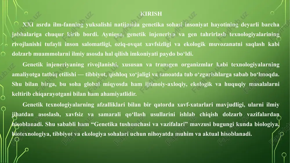 ni, funksiyalarini, o‘zgarishini va organizmning turli holatlariga ta'sirini tahlil qiladi. bu soha biotexnologiya va molekulyar biologiyaning rivojlanishi bilan tez o‘sib bormoqda. genomika sohasining asosiy maqsadi — genomni chuqur o‘rganish orqali genetik kasalliklar, genetik o‘zgarishlar, va organizmning turli biologik jarayonlarini yaxshiroq tushunishdir. bunda, asosan, genlar, ularning funksiyalari, genetik o‘zgarishlar va bu o‘zgarishlarning organizmning sog‘lig‘i va salomatligiga ta'siri o‘rganiladi. 1.2. genomdagi kodlovchi va kodlamaydigan qismlar inson genomining umumiy tuzilmasi taxminan 3,2 milliardta nukleotid juftlaridan iborat bo‘lib, ularning faqatgina kichik bir qismi oqsillarni kodlaydi. genomdagi bu qismlar kodlovchi (ekzon) qismlar deb ataladi. bunday genlar orqali transkripti bo‘ladigan rnklar sintez qilinadi va oqsillarning tuzilmasi belgilanadi. hozirgi kunga kelib aniqlanishicha, inson genomining faqat 1–2% atrofidagi qismi bevosita oqsillarni kodlaydi. ushbu qismda joylashgan genlar organizmdagi metabolizm, hujayra bo‘linishi, rivojlanish, immun javob kabi ko‘plab jarayonlarni nazorat qiladi. qolgan 98–99% qismlar esa kodlamaydigan bo‘lib, avvallari “keraksiz dnk” (junk dna) sifatida qaralgan. ammo keyingi ilmiy tadqiqotlar bu hududlar genomdagi …