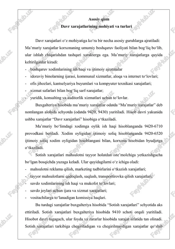 kibiga chegiriladigan va chegirilmaydigan xarajatlar qo‘shib ayiriladi. chegirilmaydigan xarajatlarga soliqlar va penyalar, kasaba uyushmasiga yordam, o‘g‘rilikdan bo‘lgan zarar, ishchilar uchun mol-mulk solig‘i to‘lovi, qo‘shimcha hisoblangan foizlar va penyalar kiradi. bozor iqtisodiyoti sharoitida korxonalar o‘z faoliyatini yuritish jarayonida nafaqat ishlab chiqarish, balki moliyaviy operatsiyalar bilan ham shug‘ullanadilar. moliyaviy operatsiyalar — bu korxonaning investitsiya faoliyati, kredit mablag‘laridan foydalanish, qimmatli qog‘ozlar bilan ishlash hamda valyuta operatsiyalarini o‘z ichiga oladi. ushbu jarayonlarda yuzaga keladigan sarf- xarajatlar moliyaviy xarajatlar deb ataladi. moliyaviy xarajatlar korxonaning sof foydasiga bevosita ta’sir etadi, chunki ular foyda va zararlar hisobotida davr xarajatlari sifatida tan olinadi. shuning uchun ularni to‘g‘ri aniqlash, buxgalteriya hisobida aniq aks ettirish va nazorat qilish muhim ahamiyatga ega. moliyaviy xarajatlar korxonaning investitsion yoki kredit faoliyati bilan bog‘liq bo‘lgan xarajatlardir. ularga: - bank kreditlari bo‘yicha to‘lanadigan foizlar; - valyuta kursi farqlari tufayli yuzaga kelgan zararlar; - qimmatli qog‘ozlar bo‘yicha yo‘qotishlar; - moliyaviy vositachilarga to‘lovlar kiradi. bular “moliyaviy faoliyat …
