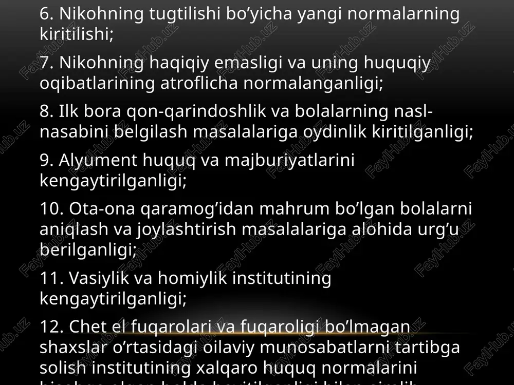nfaatlariga zid bo’lgan oila kodeksining 23-moddasiga binoan er-xotinning nikoh davomida orttirgan mol-mulklarga, shuningdek nikoh qayd etilgunga qadar bo'lajak er-xotinning umumiy mablag'lari hisobiga olingan mol-mulklari, agar qonun yoki ni­koh shartnomasida boshqacha hol ko'rsatilmagan bo'lsa, ularning birgalikdagi mulki hisoblanadi. eg-xotindan biri uy-ro'zg'or ishlarini yuritish, bolalarni parvarish qilish bilan band bo'lgan yoki boshqa uzrli sabablarga ko'ra mustaqil ish haqi va boshqa daromadga ega bo'lmagan taqdirda ham, er va xotin umumiy mol-mulkka nisbatan teng huquqqa ega bo'ladi.oila kodeksining 99-moddasiga binoan "agar voyaga yetmagan bolalariga ta'minot berish haqida ota-ona o'rtasida kelishuv bo'lmasa, ularning ta'minoti uchun aliment sud tomonidan, ota-onaning har oydagi ish haqidan, bir bola uchun to'rtdan bir qismi, ikki bola uchun uchdan bir qismi,uch va undan ortiq bola uchun — yarmisi miqdorida undiriladi". oila kodeksidagi muhim yangiliklardan biri ota-ona favqulodda holatlar (bolaning shikastlanishi, kasal bo'lishi va boshqalar) tufayli kelib chiqqan, bolaning ta'minoti uchun zarar bo'lgan qo'shimcha xarajatlarda ishtirok etishi shart. nikoh fuqarolik holati dalolatnomalarini …