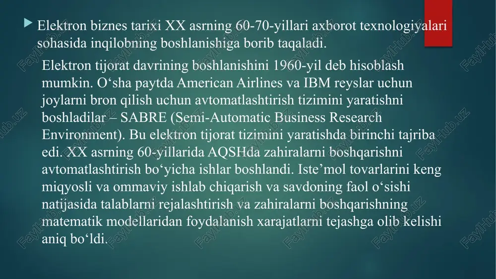 lish;  bozorning boshqa ishtirokchilari bilan (boshlang‘ich kapital, keyingi kapital) kapitaldan foydalanish borasida muayyan munosabatlar o‘rnatish. ko‘pincha "biznes" tushunchasi "tadbirkorlik" va "tijorat" tushunchalari bilan adashtirishadi. biznes – bu ishlab chiqarish sohasida daromad olish yoki boshqa shaxsiy manfaatlar keltirib chiqaradigan faoliyatning har qanday turi. ammo iqtisodiy faoliyat moddiy va nomoddiy ishlab chiqarish sohasida amalga oshirilishi mumkin. shuning uchun biznesni tadbirkorlik (moddiy ishlab chiqarish sohasidagi iqtisodiy faoliyat) va tijorat (nomoddiy sohadagi iqtisodiy faoliyat ) ga ajratish to‘g‘riroqdir . tadbirkorlik faoliyati natijasi - moddiy tovarlar (tovarlar), tijorat - nomoddiy tovarlar (xizmatlar) biznesni uchta asosiy shaklda amalga oshirish mumkin:  yakka tartibdagi yoki xususiy tadbirkorlik;  sheriklik;  korporatsiyalar (aktsiyadorlik jamiyati) xx asrning 90-yillar boshidan internet ommaviy ishlatilishi bilan biznesda “e - biznes" atamasi keng tarqalib ketdi. “elektron biznes” atamasi ibm bosh direktori l. gerstner tomonidan muomalaga kiritilgan. elektron biznes tushunchaning ko‘plab mavjud turli xil ma’noni anglatadigan ta’riflar mualliflar kasbiy tayorgarligi va tajribaga mos …
