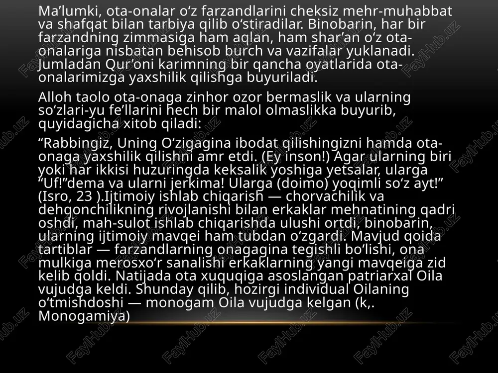 toʻgʻrisida" 1994 yil 22 avg .da farmon chiqarilib, muhtoj oilalarga moddiy va maʼnaviy yordam berishning koʻlami kengaytirildi. oilani jamiyatning ravnaq topilishidash tutgan oʻrni va ishtirokini yanada oshirish, oilalarning huquqiy, ijtimoiy, iqtisodiy, maʼnaviy-axloqiy manfaatlarini va farovonligini yaxshilashni davlat tomonidan qoʻllab-quvvatlashni kuchaytirish hamda izchil taʼminlash maqsadida oʻzr prezidenta 1998 yilni "oila yili" deb eʼlon qildi. shunga asosan, oila manfaatlarini taʼminlash borasidaamalga oshiriladigan tadbirlar toʻgʻri-sida davlat dasturi ishlab chiqildi. oʻzr xotin-qizlar qoʻmitasi huzurida respublika "oila" ilmiyamaliy markazi tashkil etildi. oilaviy hayot masalalarini huquqiy tartibga solishga bagʻishlangan oʻzbekiston respublikasining oila kodeksi qabul qilingan. image1.png image3.png image4.png image5.png image6.png image7.png /docprops/thumbnail.jpeg