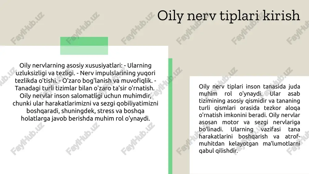 rakatlantiradi. - sezgi nervlar: tashqi muhitdan ma'lumot oladi. - vegetativ nervlar: ichki organlar faoliyatini boshqaradi. sog'liqni saqlashda nerv tiplari o'zaro bog'liqdir. ular kasalliklarning oldini olish va davolashda muhim ahamiyatga ega. har bir nerv turi sog'liqni yaxshilashda o'z rolini o'ynaydi. oily nerv tiplari va sog'liq stress nerv tizimiga salbiy ta'sir ko'rsatadi. u asab tizimining faoliyatini pasaytiradi, xotira va diqqatni susaytiradi. bu holat uzoq muddatda jismoniy va ruhiy kasalliklar rivojlanishiga olib kelishi mumkin. stressni boshqarish uchun quyidagi usullarni qo'llash mumkin: 1. meditatsiya va nafas olish mashqlari; 2. jismoniy faoliyat va sport; 3. tabiatda vaqt o'tkazish; 4. oziq-ovqat va uyquga e'tibor. turli nerv tiplari stressga har xil munosabatda bo'ladi. masalan, ayrim odamlar stressga nisbatan befarq bo'lsa, boshqalarda kuchli tashvish va depressiya paydo bo'lishi mumkin. stress va sog'liq o'rtasidagi bog'liqlikni tushunish muhimdir, chunki bu asab tizimining holatini yaxshilash va umumiy farovonlikni oshirishga yordam beradi. nerv tiplari va stress uyqu nerv tizimiga muhim ta'sir ko'rsatadi. …
