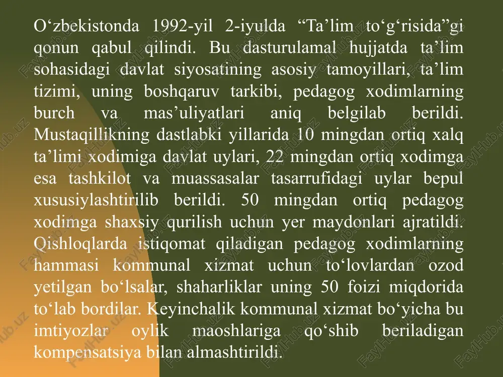 lika oliy ta’lim muassasalari bakalavriatiga kirish test sinovlarini o‘tkazish tartibini takomillashtirish to‘g‘risida”gi qarori qabul qilindi. unga muvofiq 2018–2019-o‘quv yilidan boshlab alohida iqtidor talab etiladigan madaniyat, san’at, dizayn, tasviriy va amaliy san’at, musiqiy ta’lim, san’ashunoslik, sport va jismoniy tarbiya sohasidagi ta’lim yo‘nalishlarida test sinovlari o‘tkazilmaydi. masalan, o‘zbekiston davlat konservatoriyasi, o‘zbekiston davlat san’at va madaniyat instituti, kamoliddin behzod nomidagi milliy rassomlik va dizayn instituti, o‘zbekiston davlat jismoniy tarbiya instituti va alohida iqtidor talab etadigan ta’lim yo‘nalishlariga faqat ijodiy imtihonlar orqali qabul qilish yo‘lga qo‘yiladi. tibbiyotga oid oliy ta’lim tizimida ham bir qator islohotlar amalga oshirildi. jumladan, tibbiyot sohasida bakalavriat ta’lim yo‘nalishlarida o‘qish muddati 7 yildan 6 yil va tibbiy profilaktika yo‘nalishida 6 yildan 5 yil etib belgilandi. oliy ta’limdan keyingi ta’lim. 2012-yilga qadar aspirantura (3 yil) va doktorantura (3 yil)dan iborat bo‘lib, 2012–2017-yillarda bir bosqichli doktorantura faoliyat olib bordi. 2013–2017-yillar oralig‘ida faqat 360 ga yaqin tadqiqotchi doktorlik dissertatsiyasini himoya qilgan. bu esa …