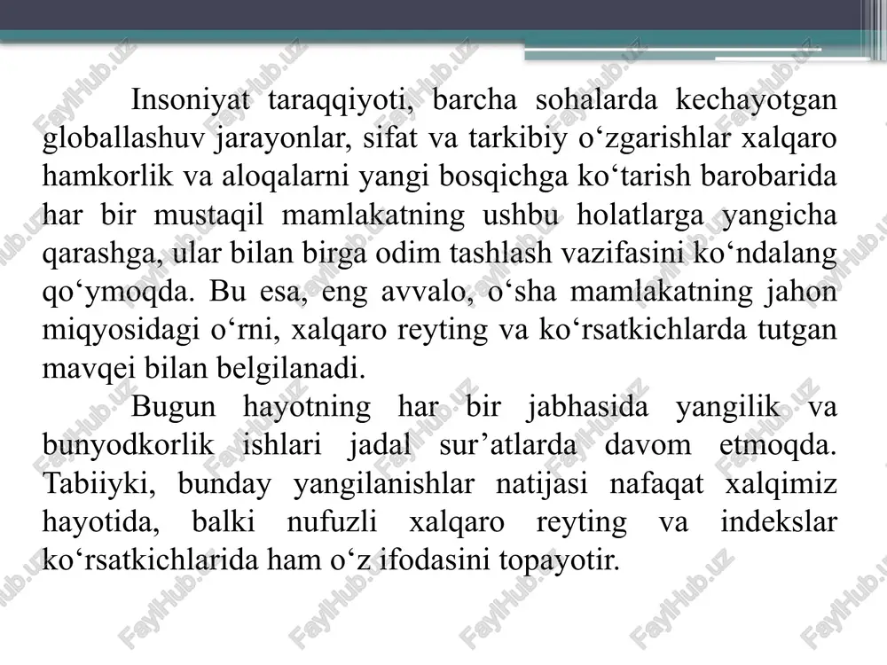 urosasiz munosabatni shakllantirish maqsadida korrupsiyaga qarshi kurashish milliy kengashi tashkil etildi. korrupsiyaning oldini olish va unga qarshi kurashish sohasida davlat siyosatini yurituvchi korrupsiyaga qarshi kurashish agentligi tuzildi. respublikaning siyosiy-huquqiy reyting va indekslarda quyi pog‘onalardan joy olganligining sabablaridan yana biri mazkur reyting va indekslar, asosan, jamoatchilik fikri va xalqaro ekspertlar xulosasi asosida shakllantirilishidadir. qolaversa, indeks yurituvchi tashkilotlar so‘rovnomalari faqatgina mustaqil fuqarolik jamiyati institutlari (nodavlat notijorat tashkilotlar) bilan hamkorlikda o‘tkazilishini inobatga olib, respublika miqyosida bunday tashkilotlar kamligi hamda ular tomonidan tadqiqot ishlarini amalga oshirish salohiyati cheklanganligi kabi omillar ham bunga sabab bo‘lishi mumkin. shu o‘rinda alohida qayd etishimiz zarur, har bir davlat organi, ayniqsa, respublika darajasidagi vazirlik, idora, tashkilotlar huzurida nodavlat notijorat tashkilotlar vakillaridan iborat jamoatchilik kengashlari tuzilib, ular bilan yaqin hamkorlik o‘rnatilsa, maqsadga muvofiq bo‘lar edi. “elektron ishtirok” indeksi bo‘yicha respublikamiz o‘zining ko‘rsatkichini 0,80 punktgacha oshirib, umumiy reytingdagi o‘rnini 13 pog‘onaga ko‘tardi va 46- o‘rinni egallab, elektron ishtirok indeksining juda yuqori …