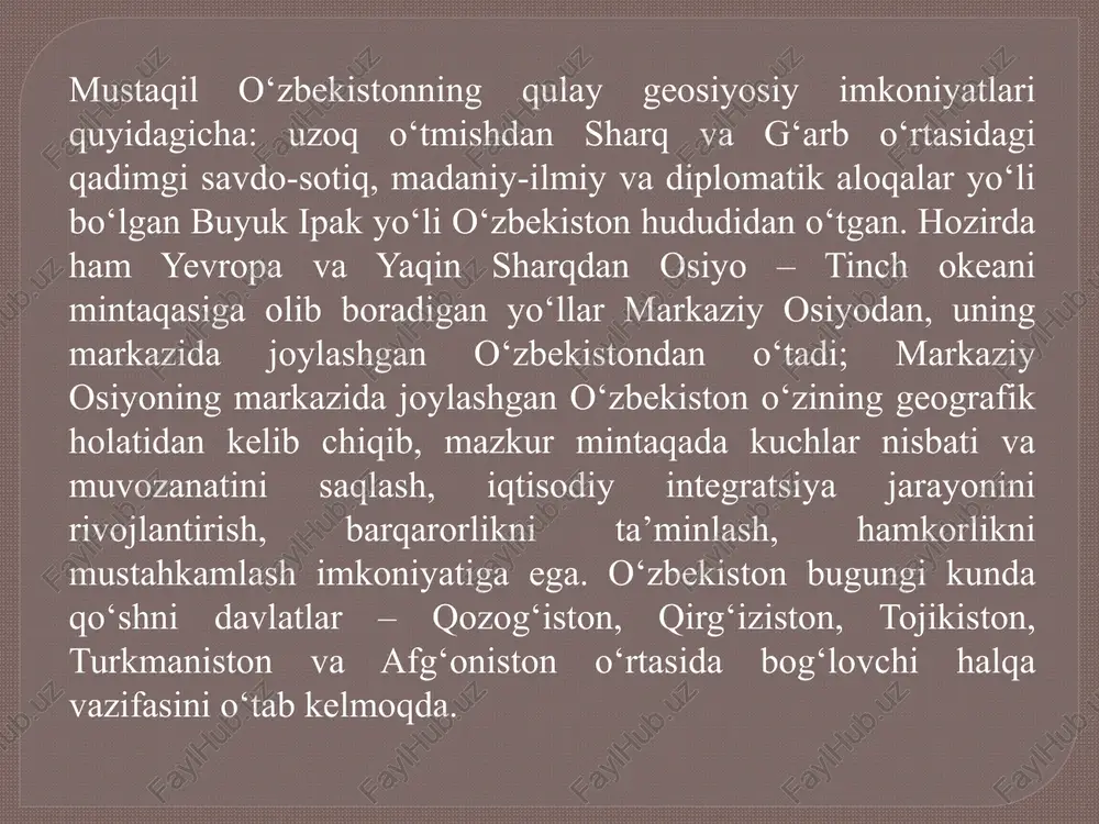 kdagi o‘zbekistonning qozog‘iston bilan chegarasining 96 % belgilab olindi. qolgan qismini kelishuv asosida delimitatsiya qilishga kelishildi. 2002-yil o‘zbekiston prezidenti ostona shahriga tashrif buyurdi. “o‘zbekiston – qozog‘iston davlat chegaralarining alohida uchastkalari to‘g‘risida bitim” imzolandi va ikki mamlakat o‘rtasidagi chegaraga oid dolzarb masalalar huquqiy jihatdan o‘z yechimini topdi. qozog‘iston o‘zbekiston uchun markaziy osiyodagi muhim hamkorlardan biri hisoblanadi. 2001-yil o‘zbekiston respublikasi birinchi prezidenti i.karimov rasmiy tashrif bilan qozog‘istonda bo‘ldi. ikki davlat prezidentlari o‘zbekiston – qozog‘iston davlat chegarasi to‘g‘risida shartnomani imzoladilar. 2440 km uzunlikdagi o‘zbekistonning qozog‘iston bilan chegarasining 96 % belgilab olindi. qolgan qismini kelishuv asosida delimitatsiya qilishga kelishildi. 2002-yil o‘zbekiston prezidenti ostona shahriga tashrif buyurdi. “o‘zbekiston – qozog‘iston davlat chegaralarining alohida uchastkalari to‘g‘risida bitim” imzolandi va ikki mamlakat o‘rtasidagi chegaraga oid dolzarb masalalar huquqiy jihatdan o‘z yechimini topdi. qozog‘iston o‘zbekiston uchun markaziy osiyodagi muhim hamkorlardan biri hisoblanadi. o‘zbekiston – turkmaniston. 1991-yilda o‘zbekiston va turkmaniston prezidentlari uchrashuvida o‘zbekiston respublikasi bilan turkmaniston respublikasi o‘rtasida do‘stlik …