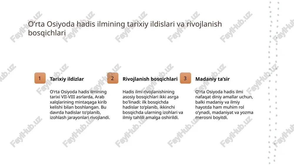 moqda. onlayn platformalar va elektron kutubxonalar faol ishlatilmoqda. 3 ilmiy hamkorliklar markaziy osiyoda hadis ilmi bo'yicha xalqaro va mahalliy ilmiy hamkorliklar rivojlanmoqda. bu, sohaning yuksalishi va zamonaviy talablarni qondirish uchun muhimdir. oʻrta osiyoda hadis ilmining hozirgi rivojlanish tendensiyalari 01 yangi texnologiyalar oʻrta osiyoda hadis ilmining rivojlanishida zamonaviy texnologiyalar muhim rol oʻynaydi. digital arxivlar va onlayn platformalar orqali tadqiqotlar kengaymoqda. 02 ilmiy hamkorlik hududda xalqaro va mahalliy ilmiy markazlar oʻrtasidagi hamkorlik mustahkamlanmoqda. bu esa hadis ilmining tekshirilishiga va rivojlanishiga turtki beradi. 03 madaniy integratsiya oʻrta osiyoda hadis ilmi diniy va madaniy meros sifatida qadrlanib, yosh avlodga oʻtmoqda. bu, anʼanalar va zamonaviylikni uygʻunlashtirishga yordam beradi. markaziy osiyoda hadis tadqiqotlarining zamonaviy yoʻnalishlari 1 yangi tadqiqot yo'nalishlari markaziy osiyoda hadis ilmi sohasida zamonaviy izlanishlar kengayib, texnologiya va raqamli arxivlar yordamida hadislarning autentikligini tekshirishga qaratilmoqda. bu usullar hadislarni saqlash va tarqalishini yaxshilashda muhim ahamiyat kasb etadi. 2 interdisciplinar yondashuv zamonaviy hadis tadqiqotlari tarix, arkeologiya va …
